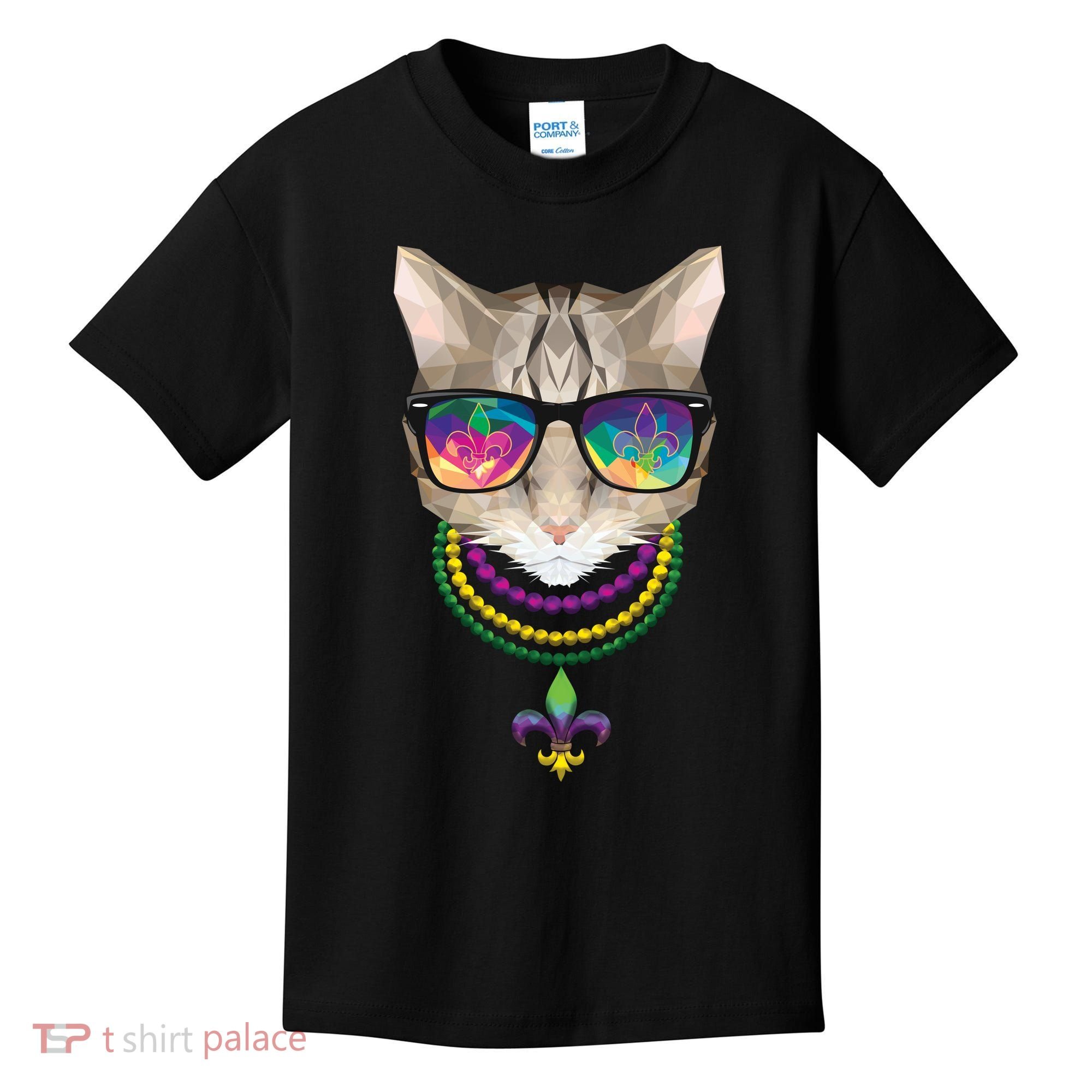 Mardi Gras Cat Beads and Sunglasses NOLA Kids T-Shirt
