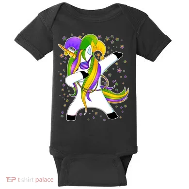 Mardi Gras Dabbing Unicorn Baby Bodysuit