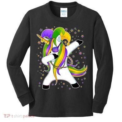 Mardi Gras Dabbing Unicorn Kids Long Sleeve Shirt