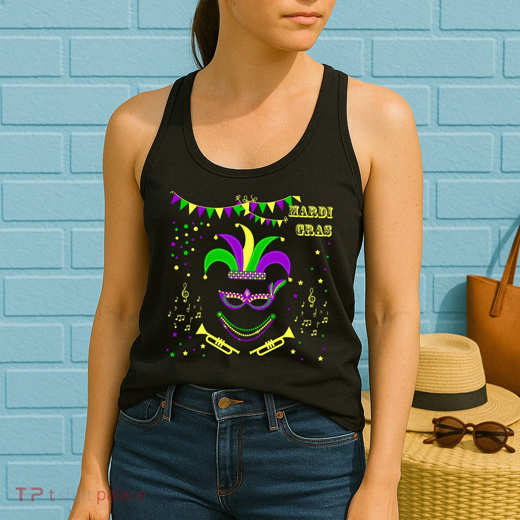 Mardi Gras Emoji Smiley Beads Mask New Orleans Women's Tank Top