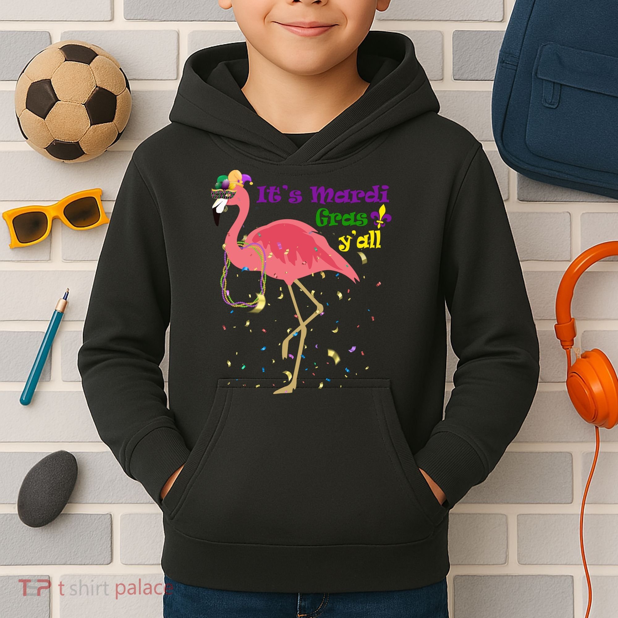 Mardi Gras Flamingo Kids Hoodie