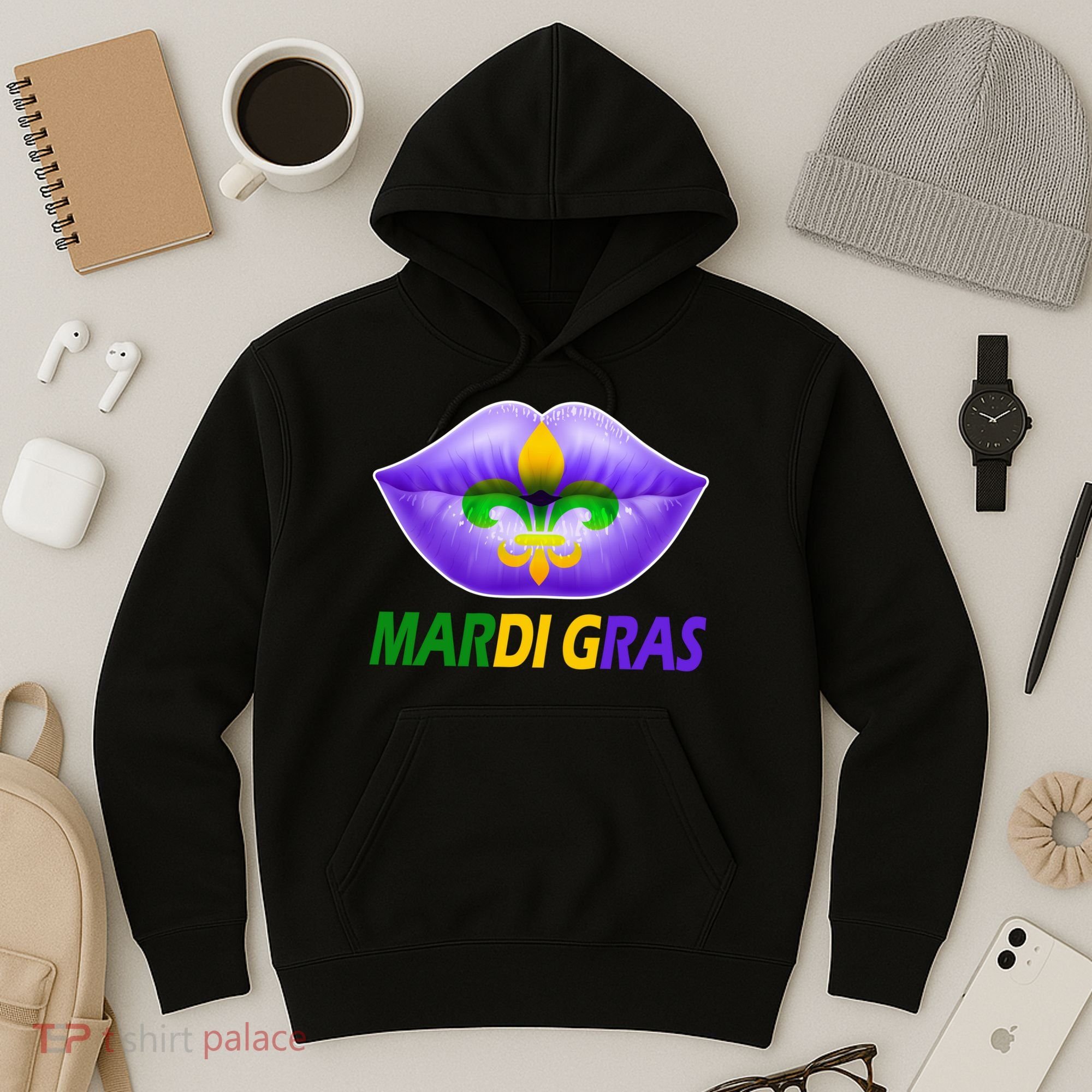 Mardi Gras Party Lips Fleur De Lis Hoodie