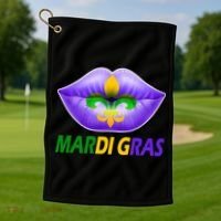 Mardi Gras Party Lips Fleur De Lis Golf Towel thumb 1