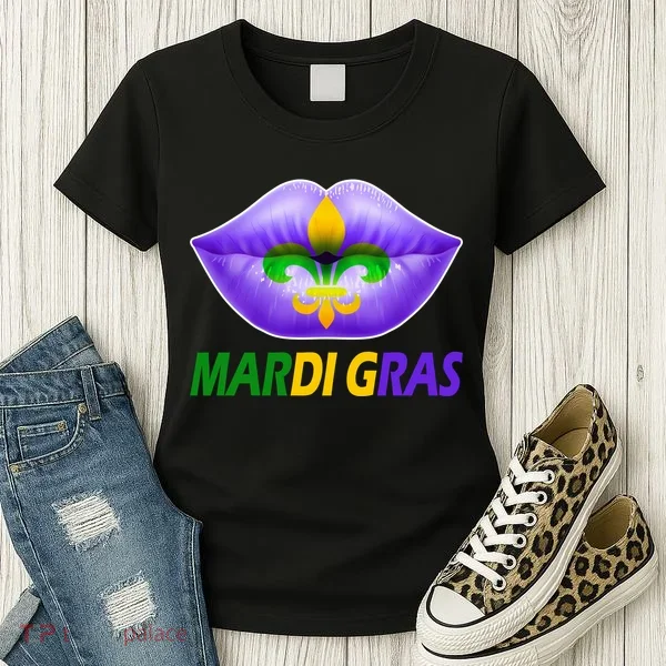 Mardi Gras Party Lips Fleur De Lis Women's T-Shirt