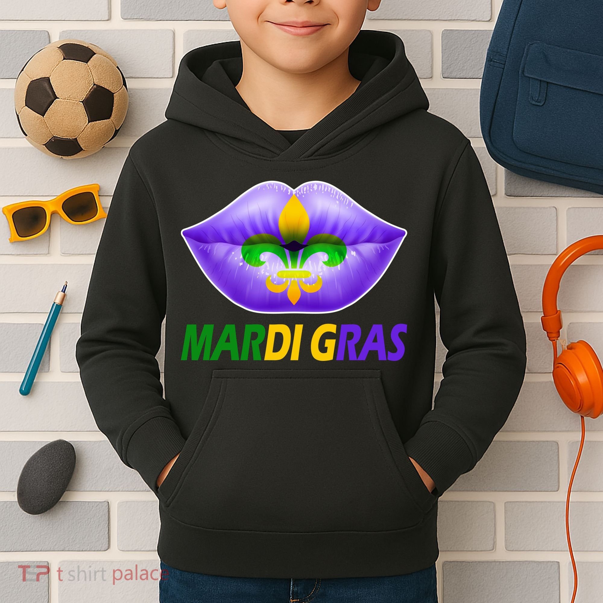 Mardi Gras Party Lips Fleur De Lis Kids Hoodie