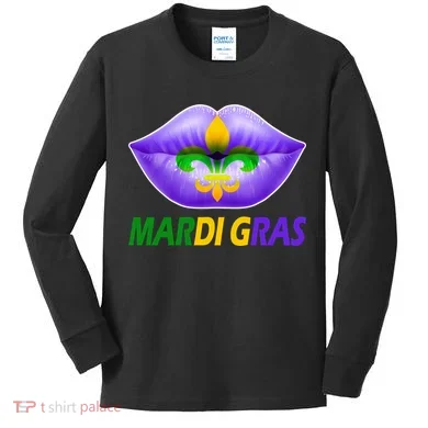 Mardi Gras Party Lips Fleur De Lis Kids Long Sleeve Shirt