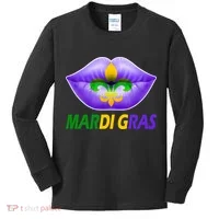 Mardi Gras Party Lips Fleur De Lis Kids Long Sleeve Shirt thumb 0