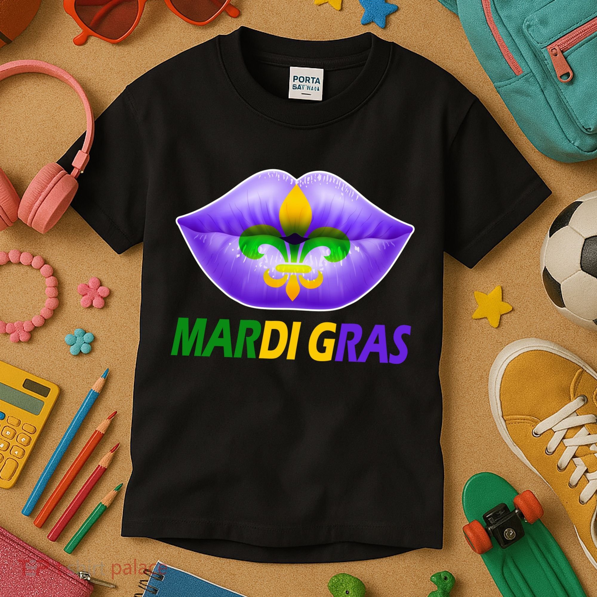 Mardi Gras Party Lips Fleur De Lis Kids T-Shirt