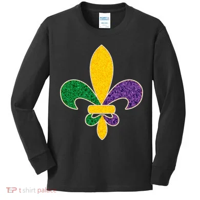 Mardi Gras Sparkle Fleur De Lis Kids Long Sleeve Shirt