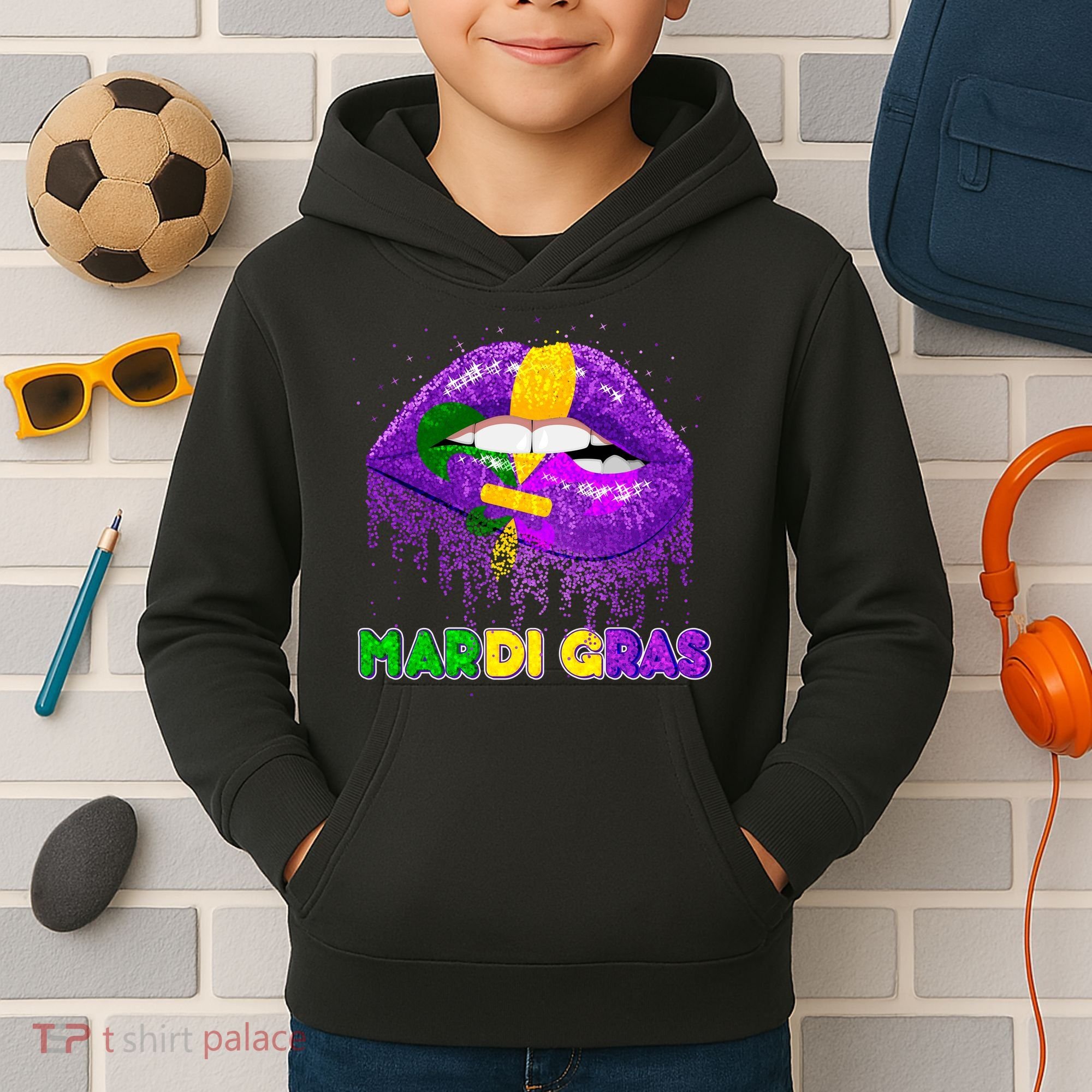 Mardi Gras Sparkle Lips Kids Hoodie