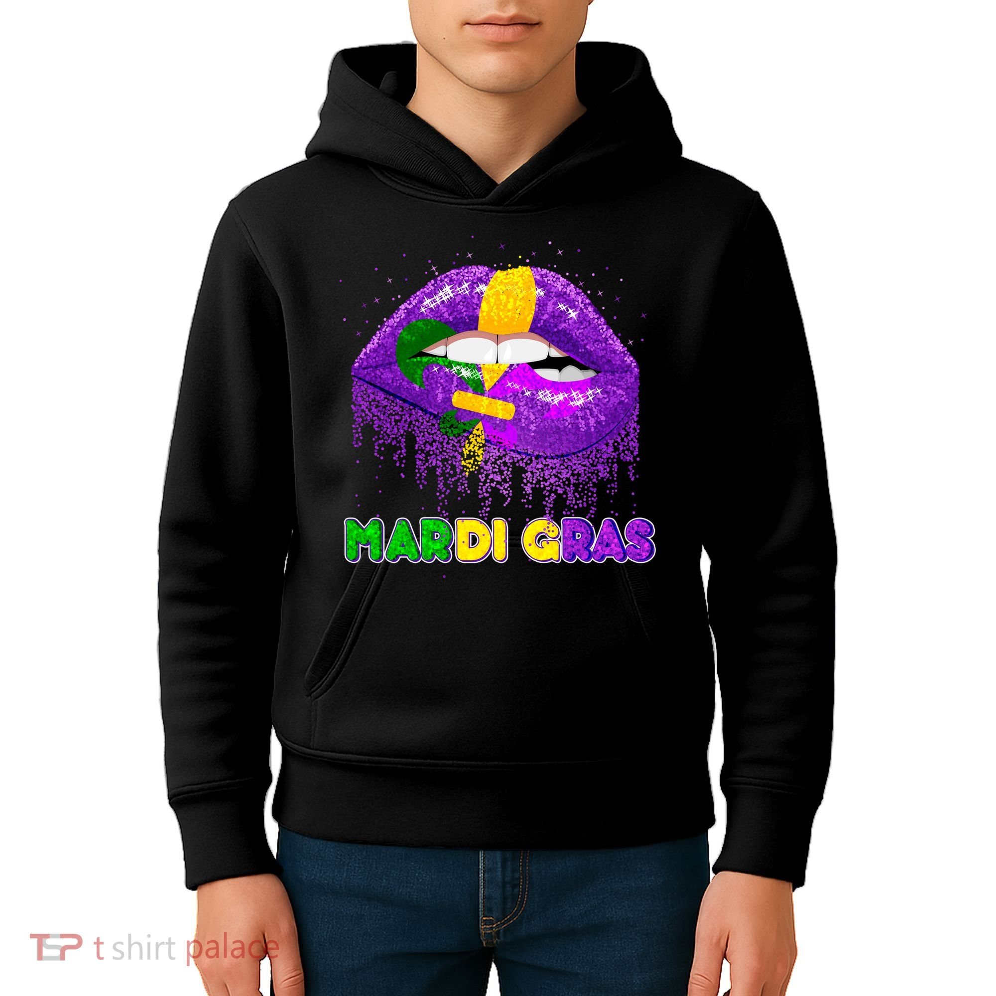 Mardi Gras Sparkle Lips Kids Hoodie