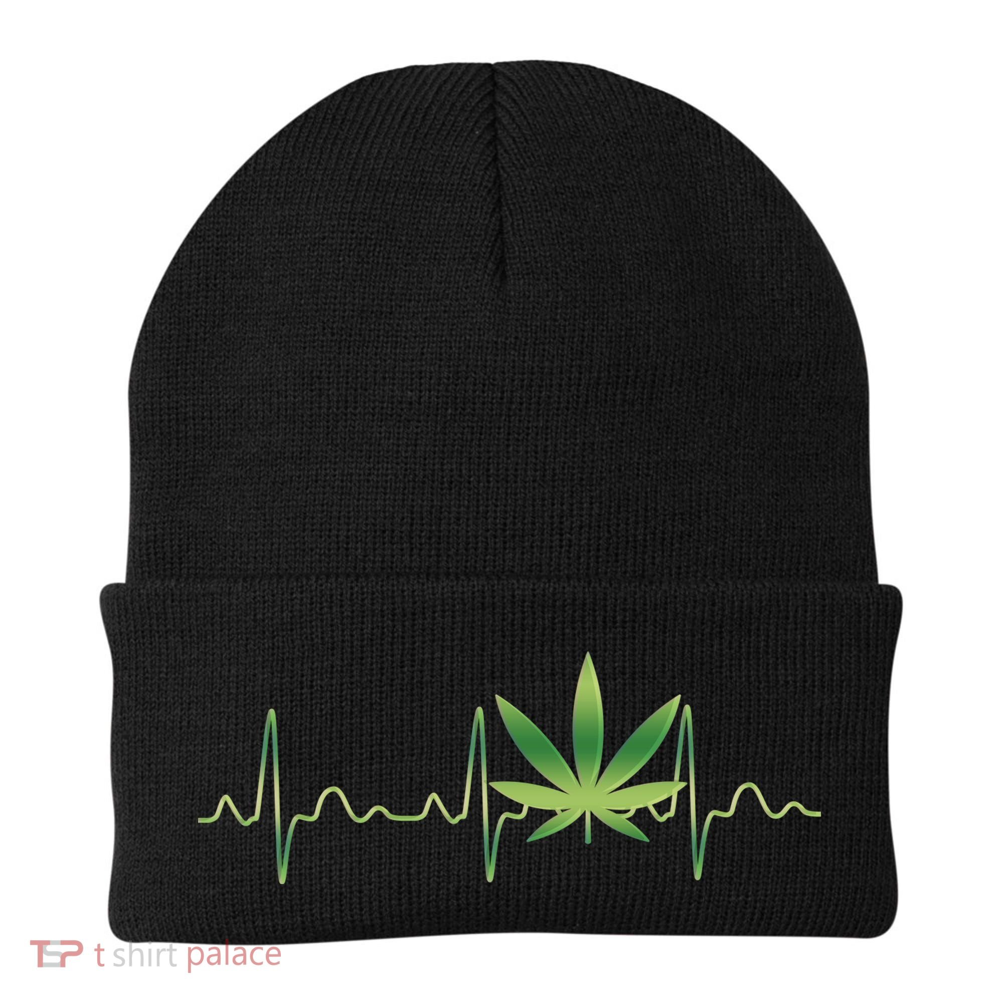 Marijuana Weed Leaf Heartbeat Pulse Beanie