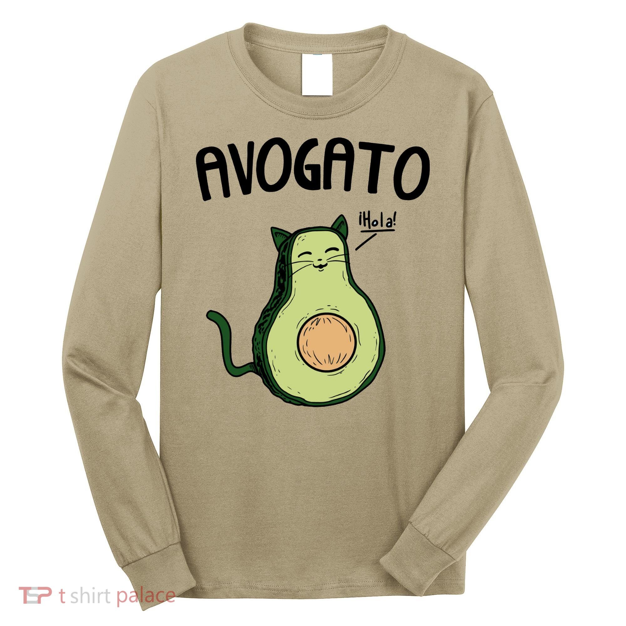 Mens Avogato Trending Avocado Cat Cute Cat Face Novelty Cat Long Sleeve Shirt