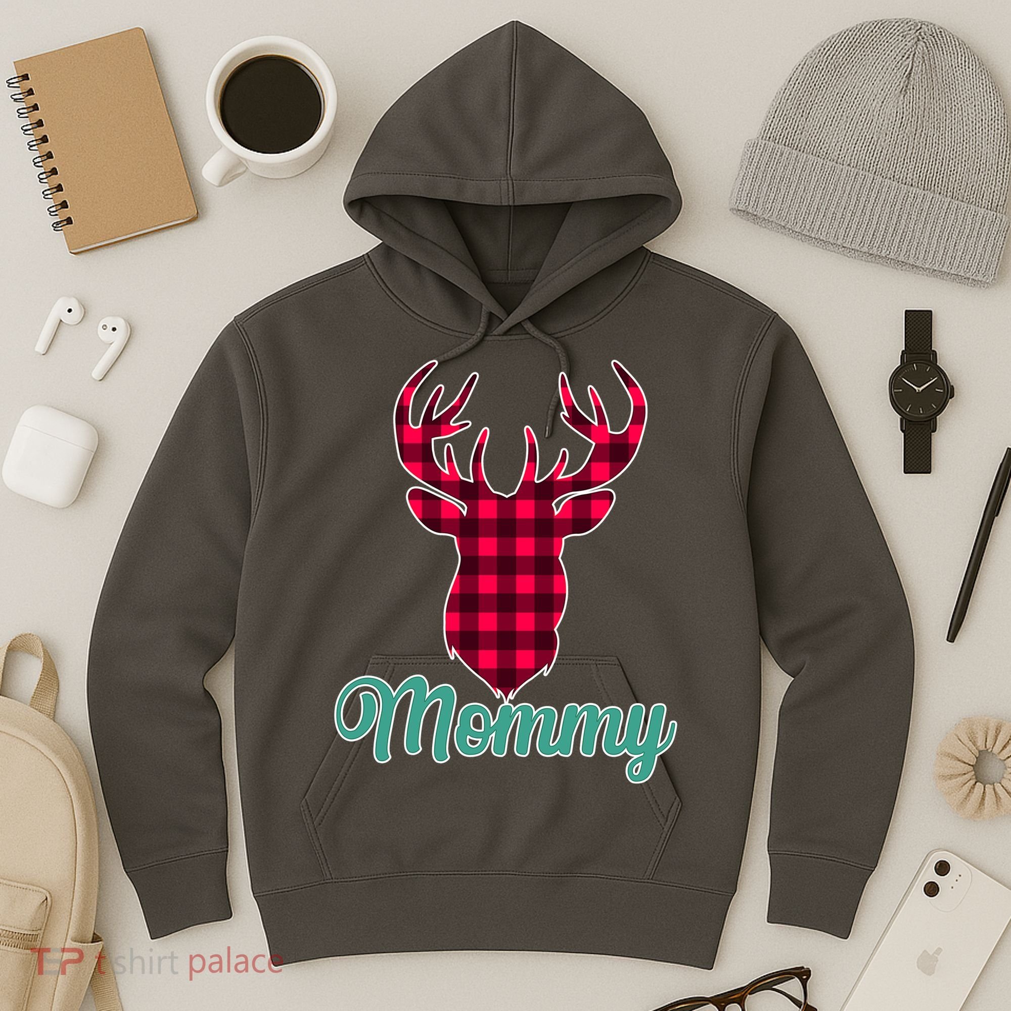 Matching Holiday Family Plaid Reindeer Mommy Hoodie