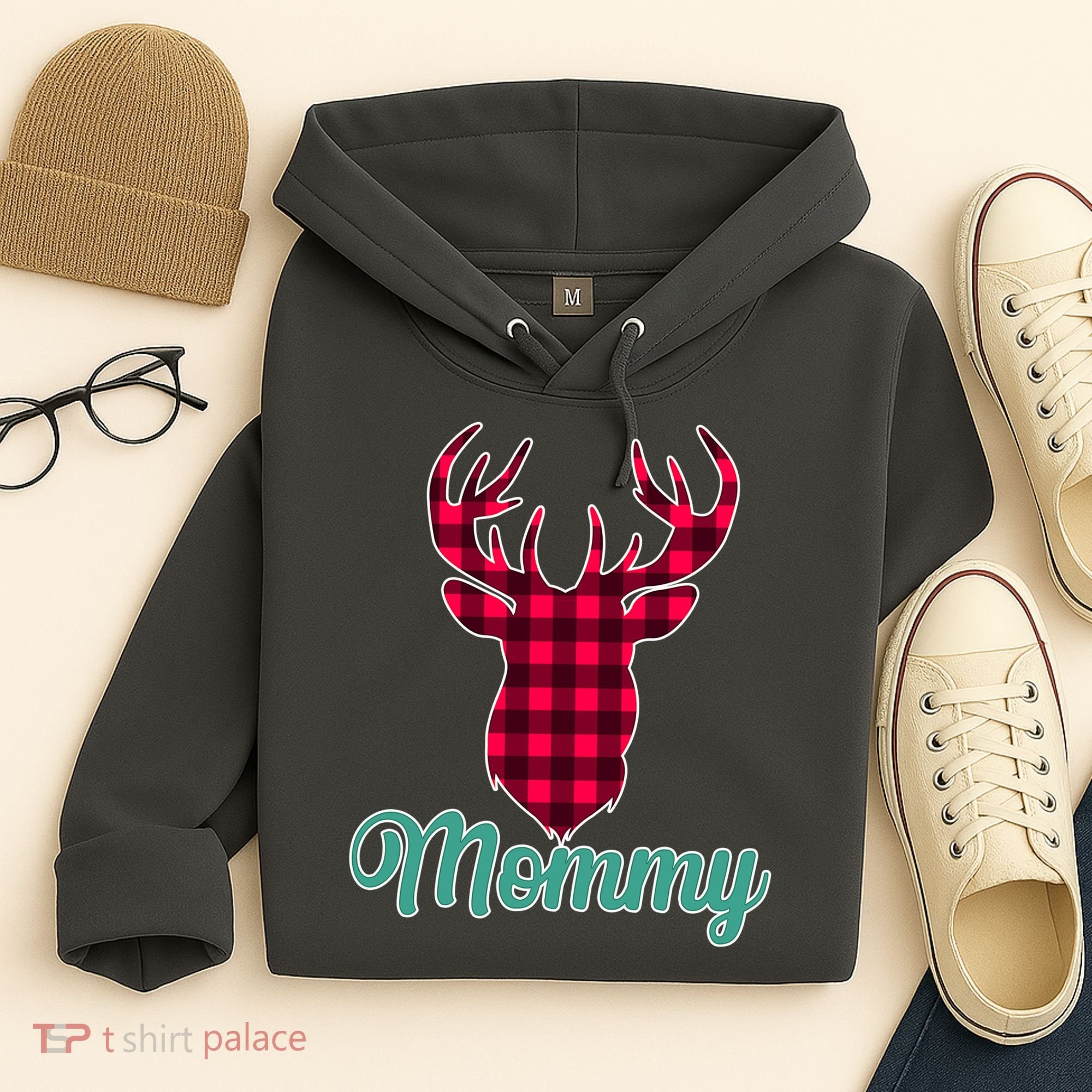 Matching Holiday Family Plaid Reindeer Mommy Hoodie