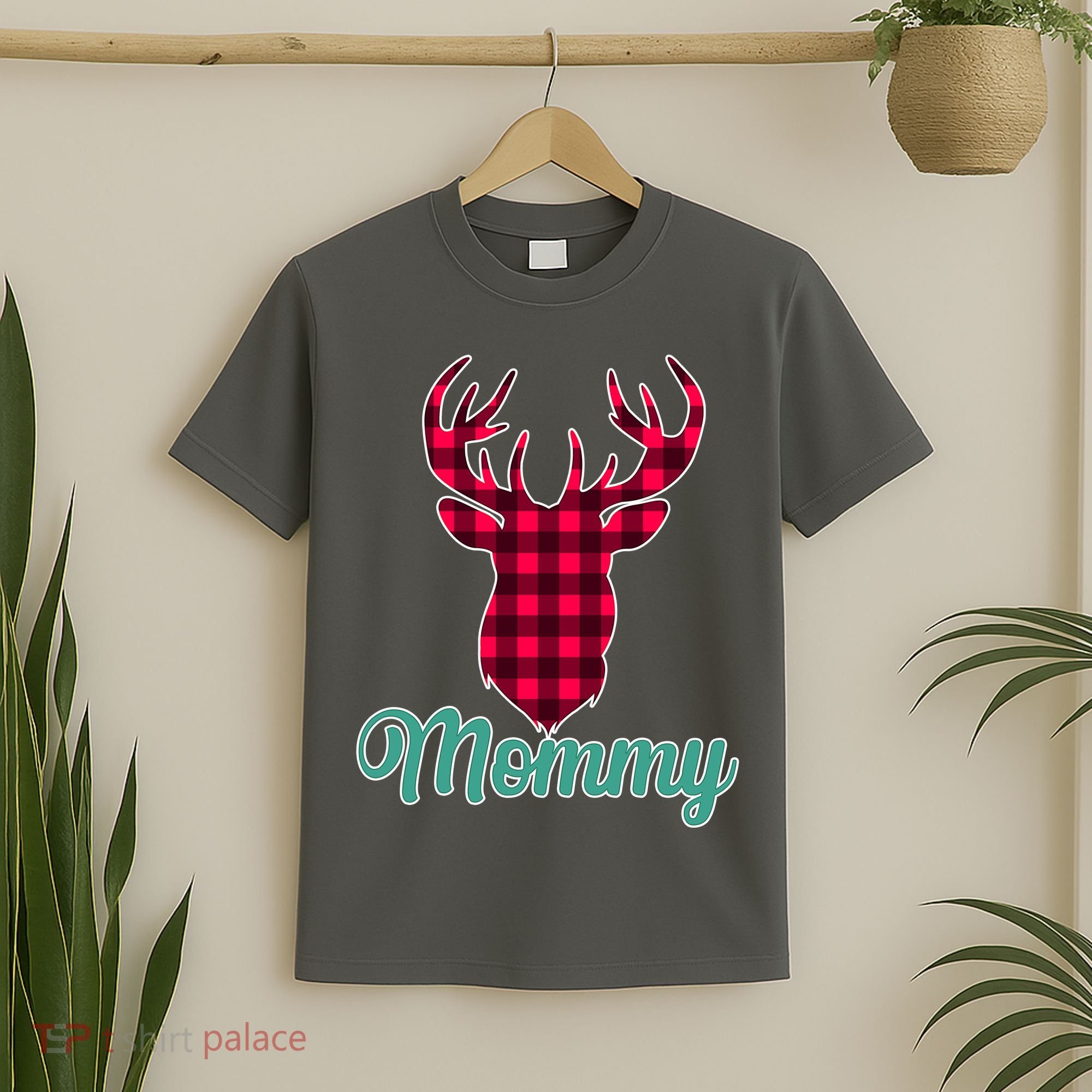 Matching Holiday Family Plaid Reindeer Mommy T-Shirt