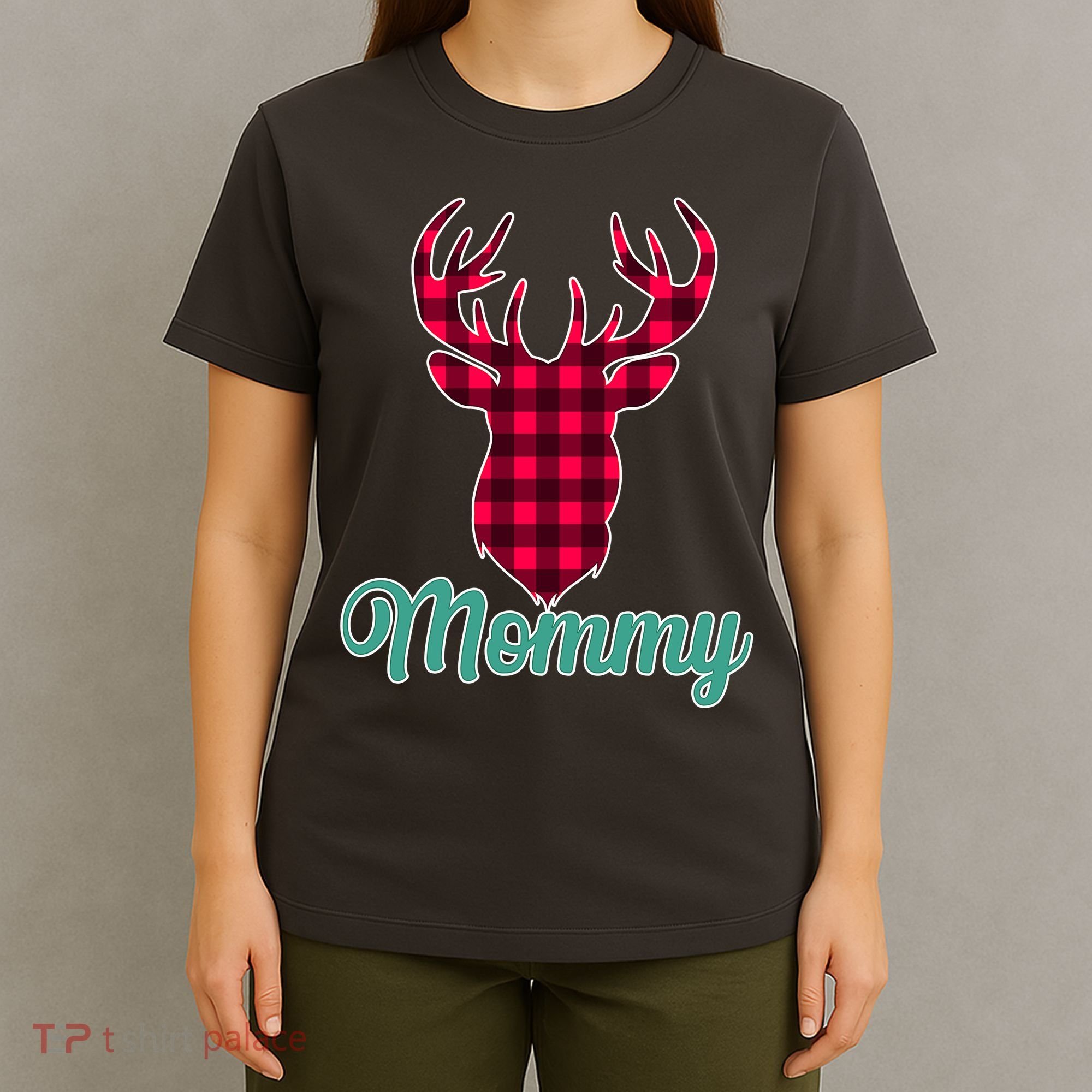 Matching Holiday Family Plaid Reindeer Mommy T-Shirt