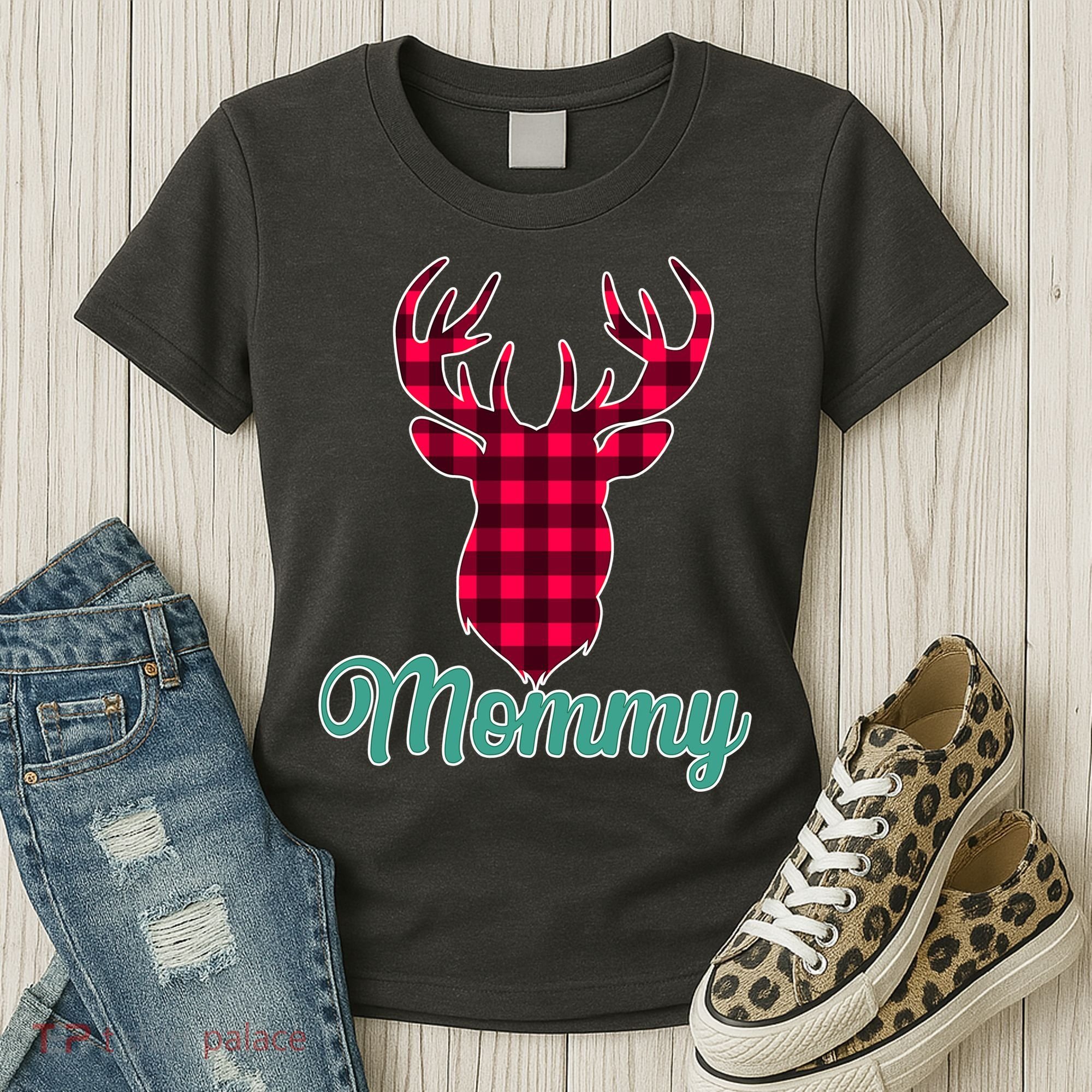 Matching Holiday Family Plaid Reindeer Mommy Women's T-Shirt