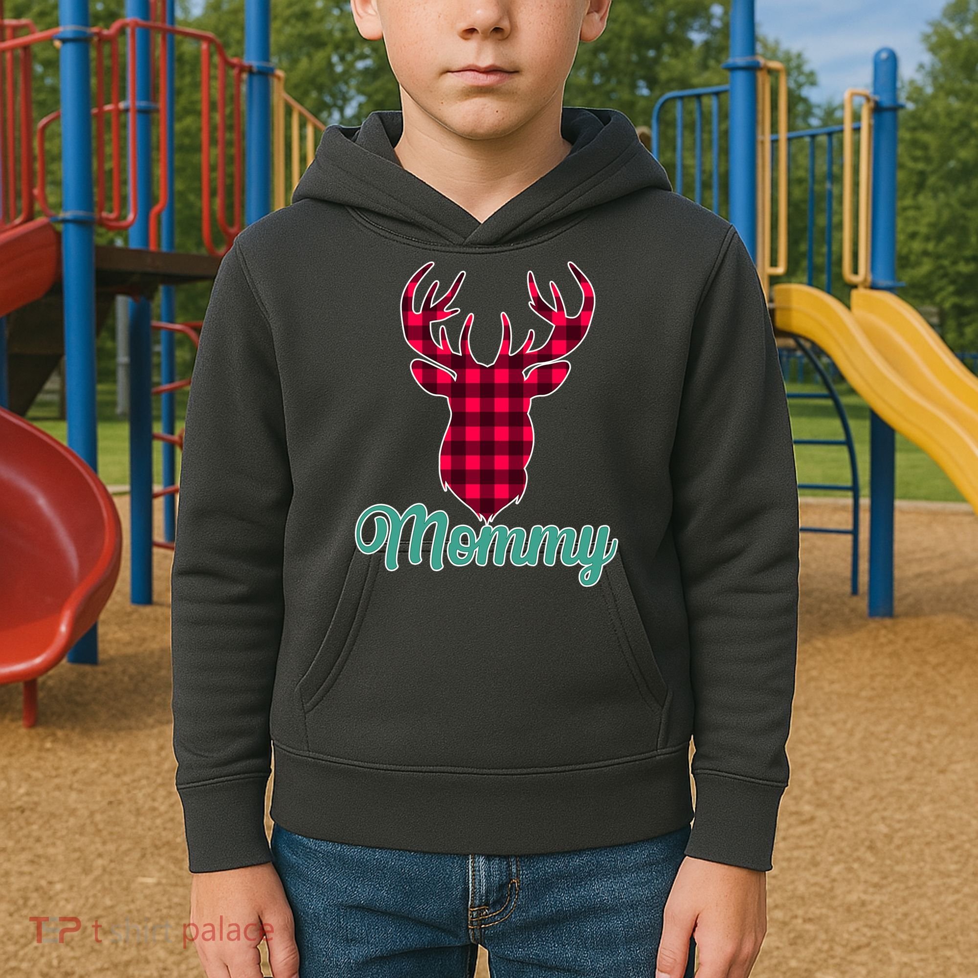 Matching Holiday Family Plaid Reindeer Mommy Kids Hoodie