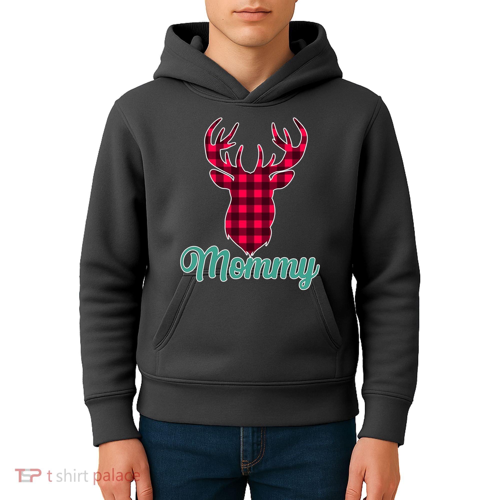 Matching Holiday Family Plaid Reindeer Mommy Kids Hoodie