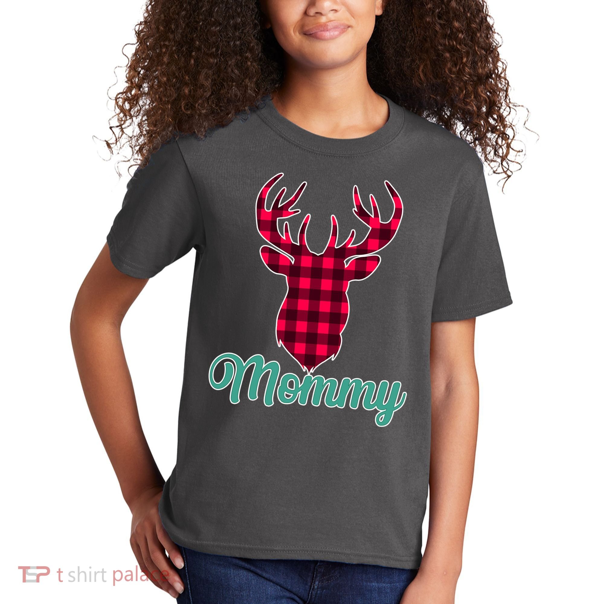 Matching Holiday Family Plaid Reindeer Mommy Kids T-Shirt