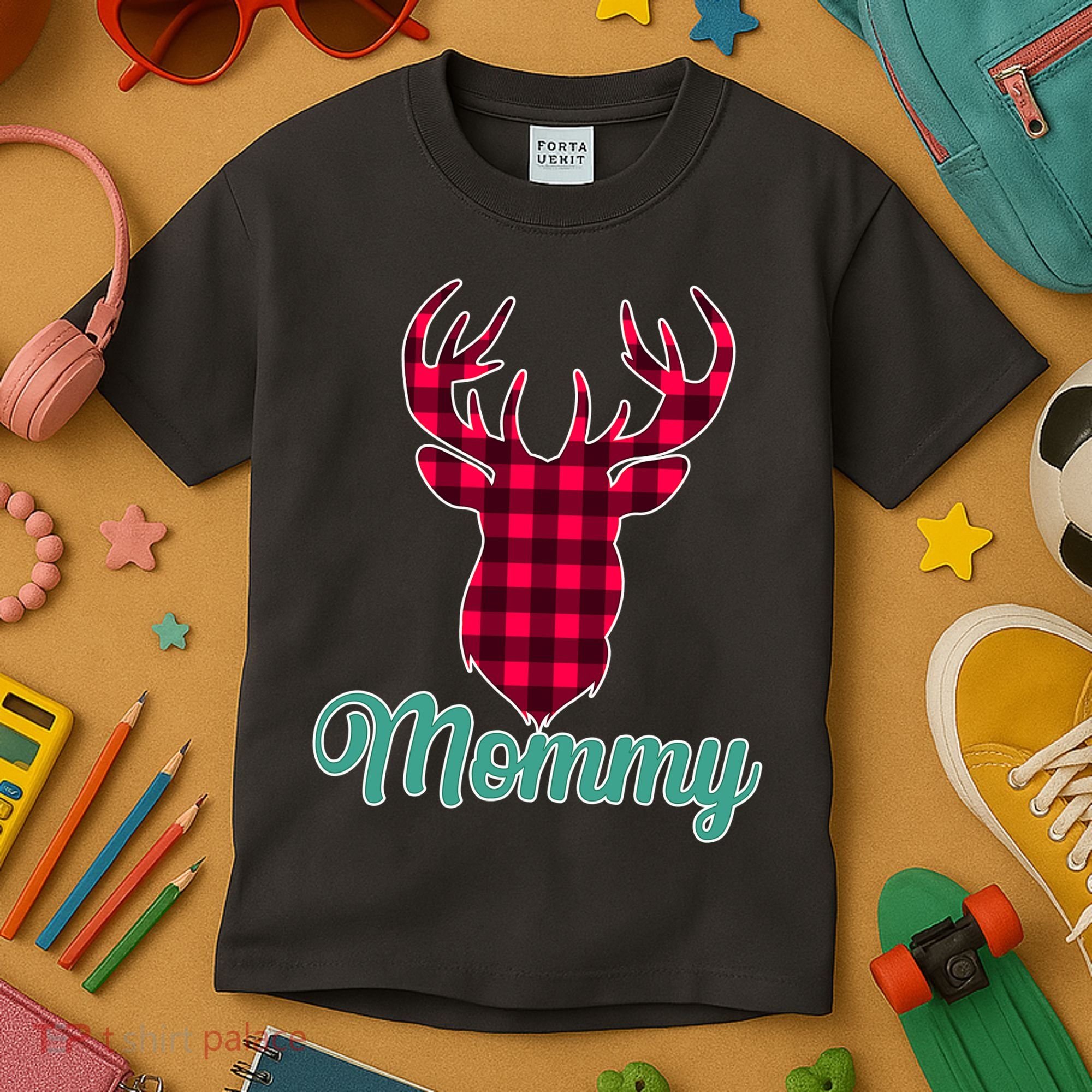 Matching Holiday Family Plaid Reindeer Mommy Kids T-Shirt