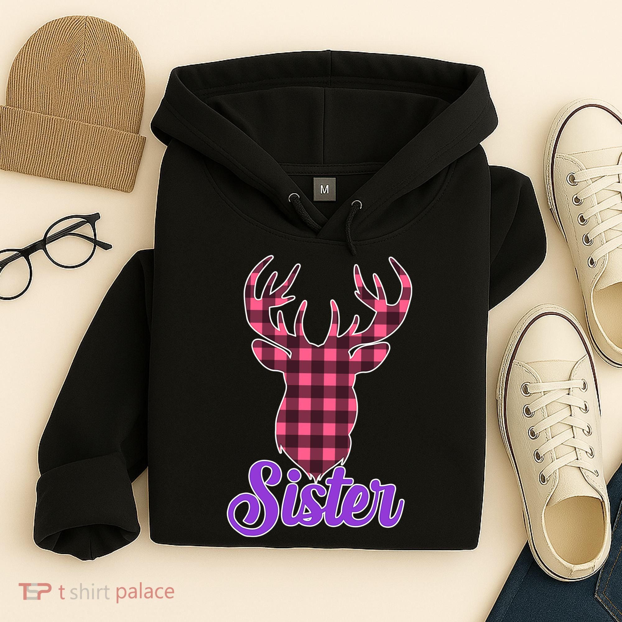 Matching Holiday Family Plaid Reindeer Sister Hoodie