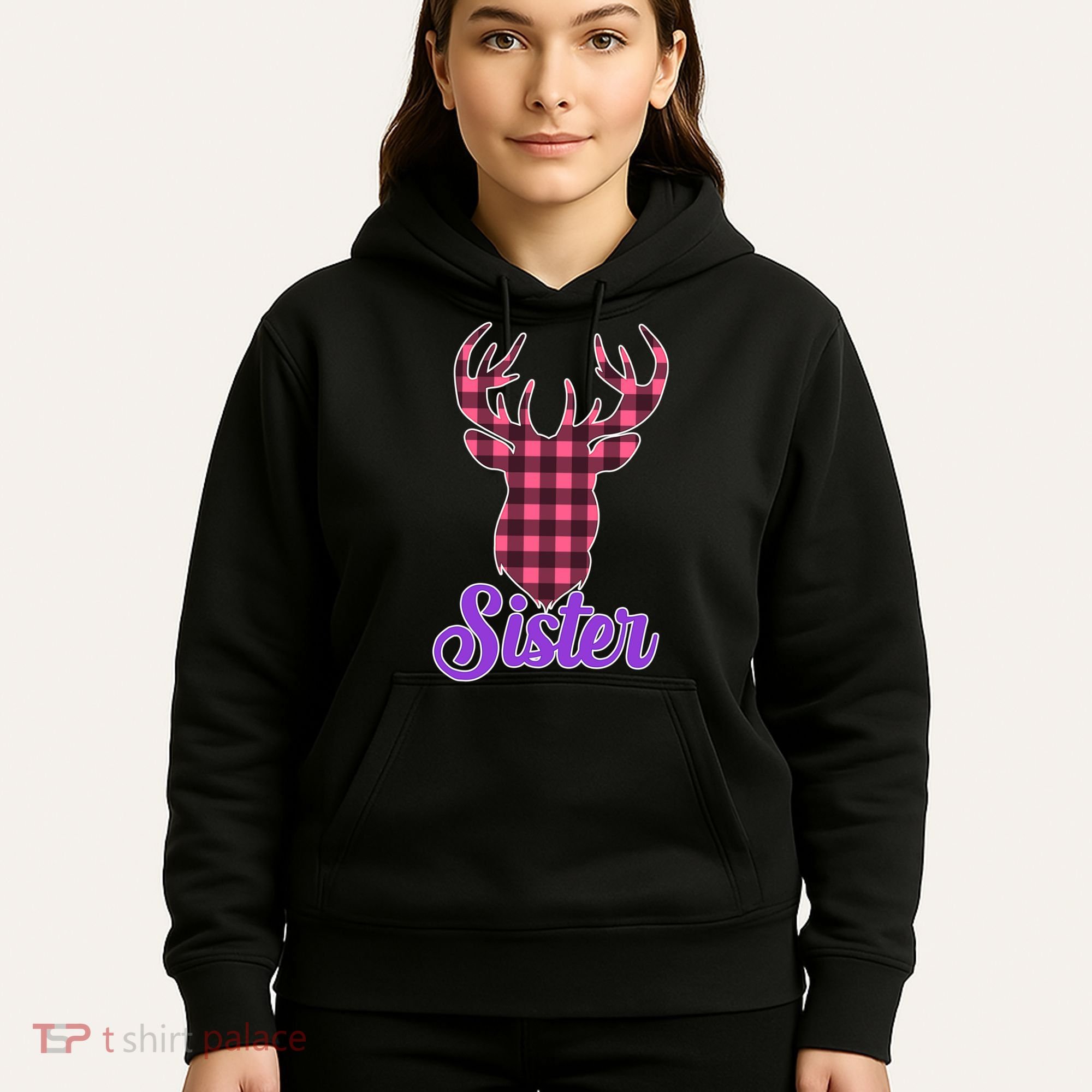 Matching Holiday Family Plaid Reindeer Sister Hoodie