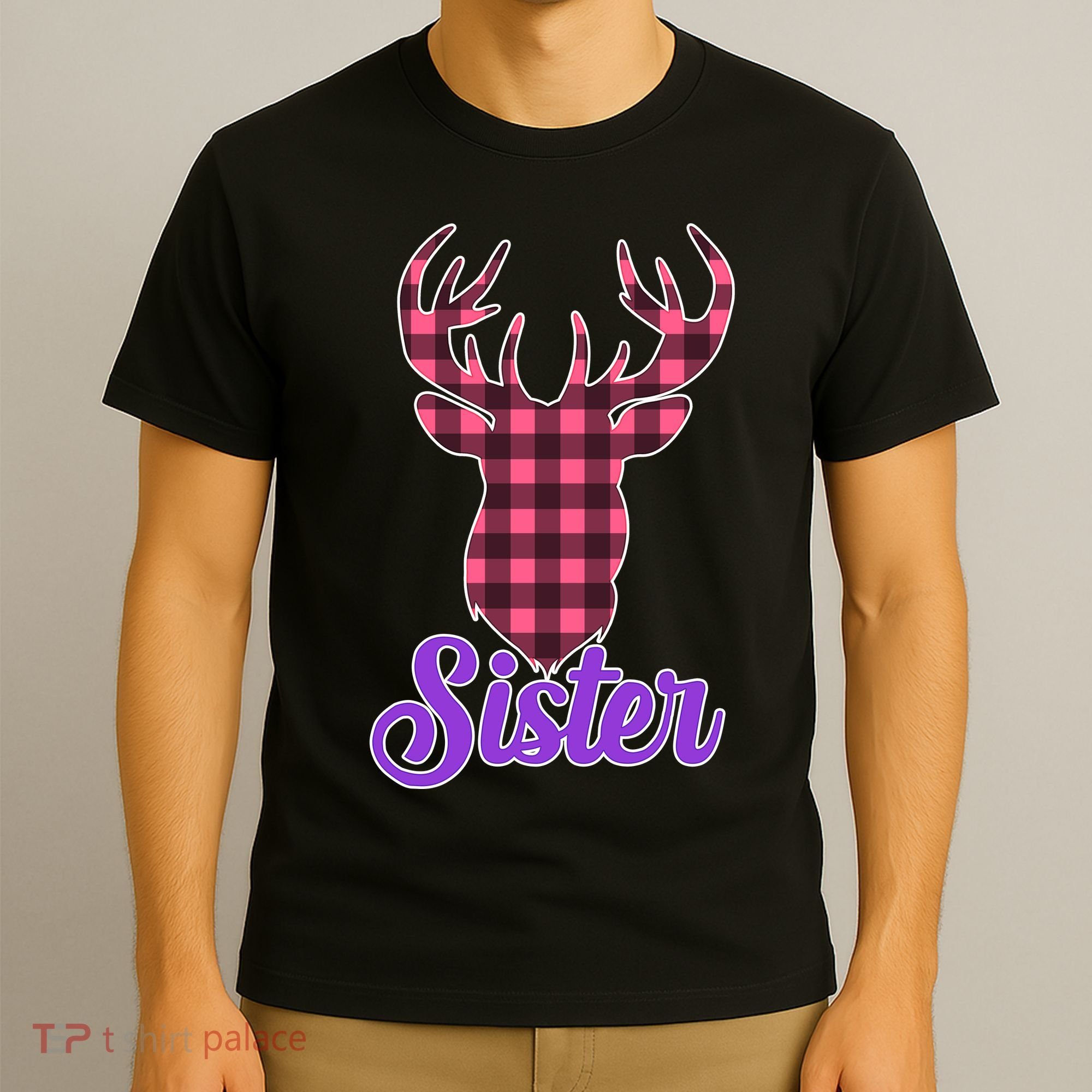 Matching Holiday Family Plaid Reindeer Sister T-Shirt