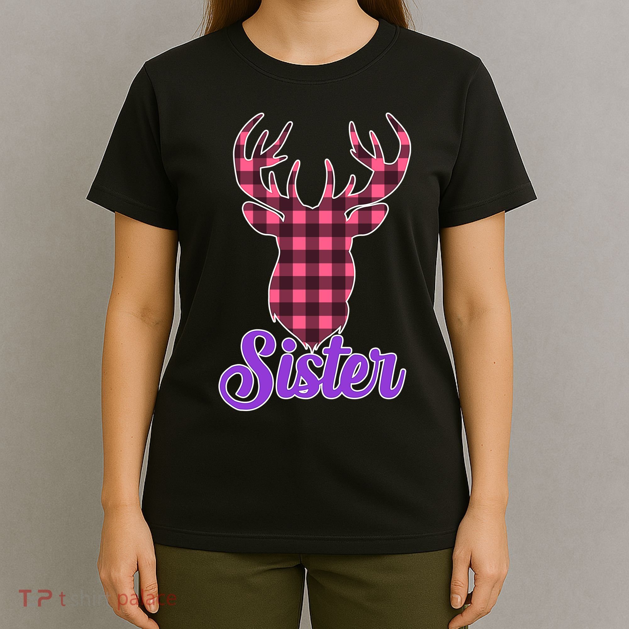 Matching Holiday Family Plaid Reindeer Sister T-Shirt