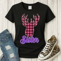 Matching Holiday Family Plaid Reindeer Sister Women's T-Shirt thumb 3