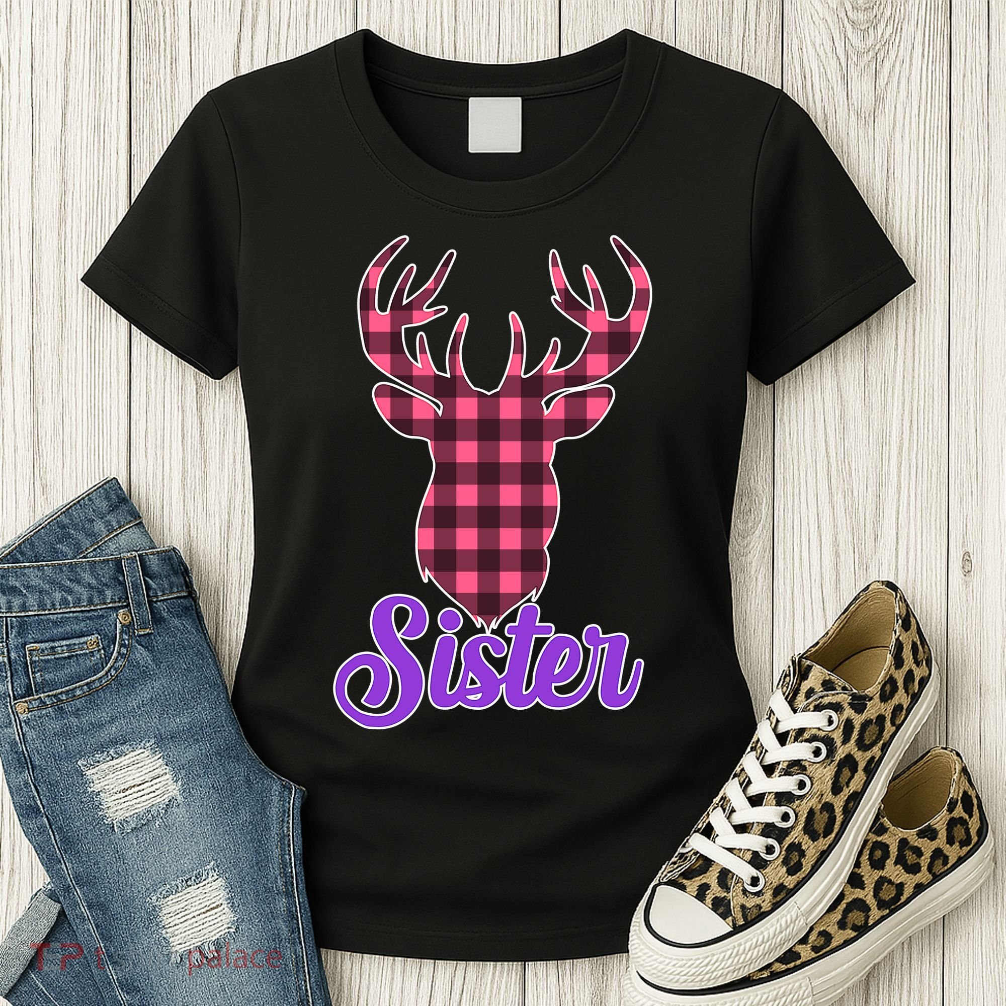 Matching Holiday Family Plaid Reindeer Sister Women's T-Shirt