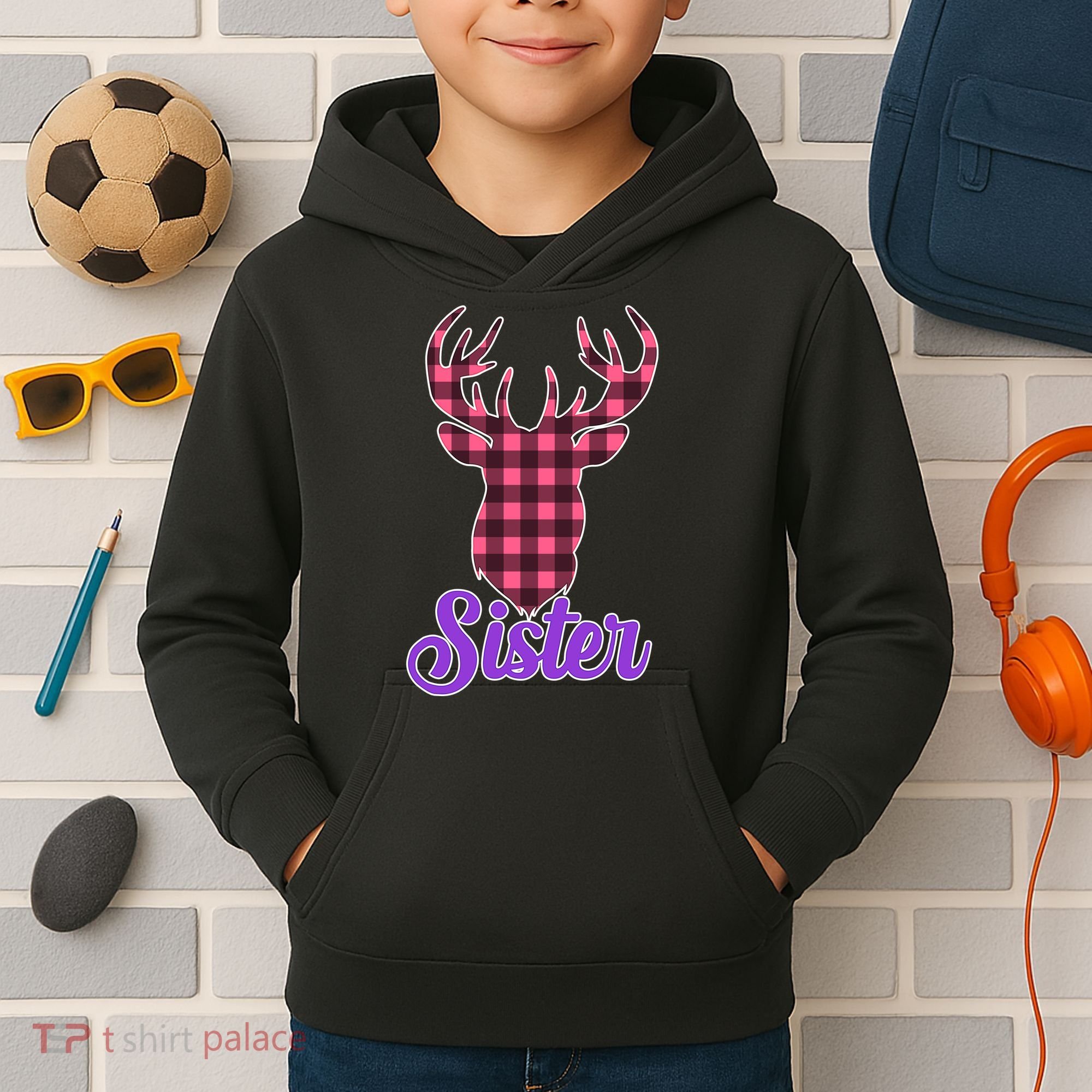 Matching Holiday Family Plaid Reindeer Sister Kids Hoodie