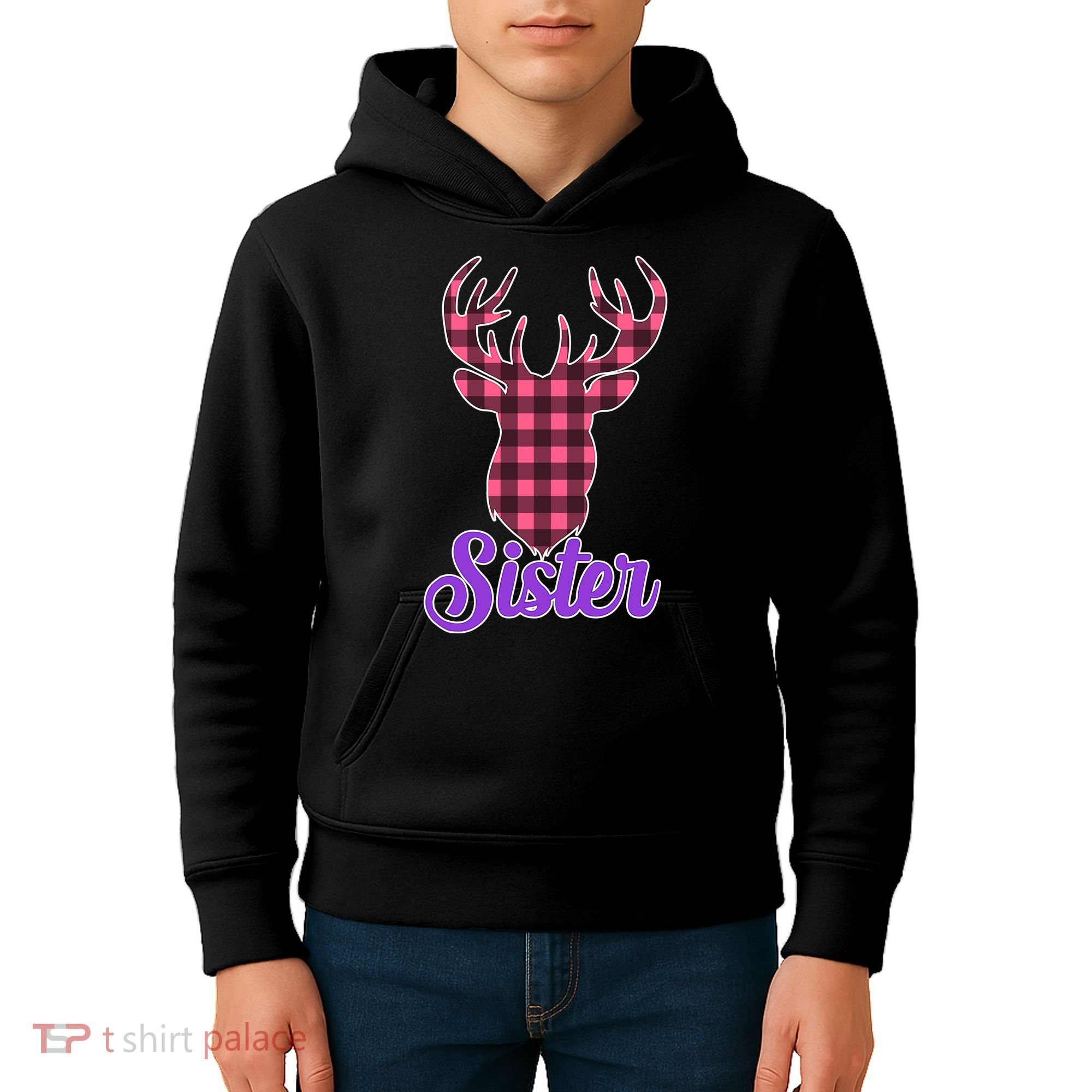 Matching Holiday Family Plaid Reindeer Sister Kids Hoodie