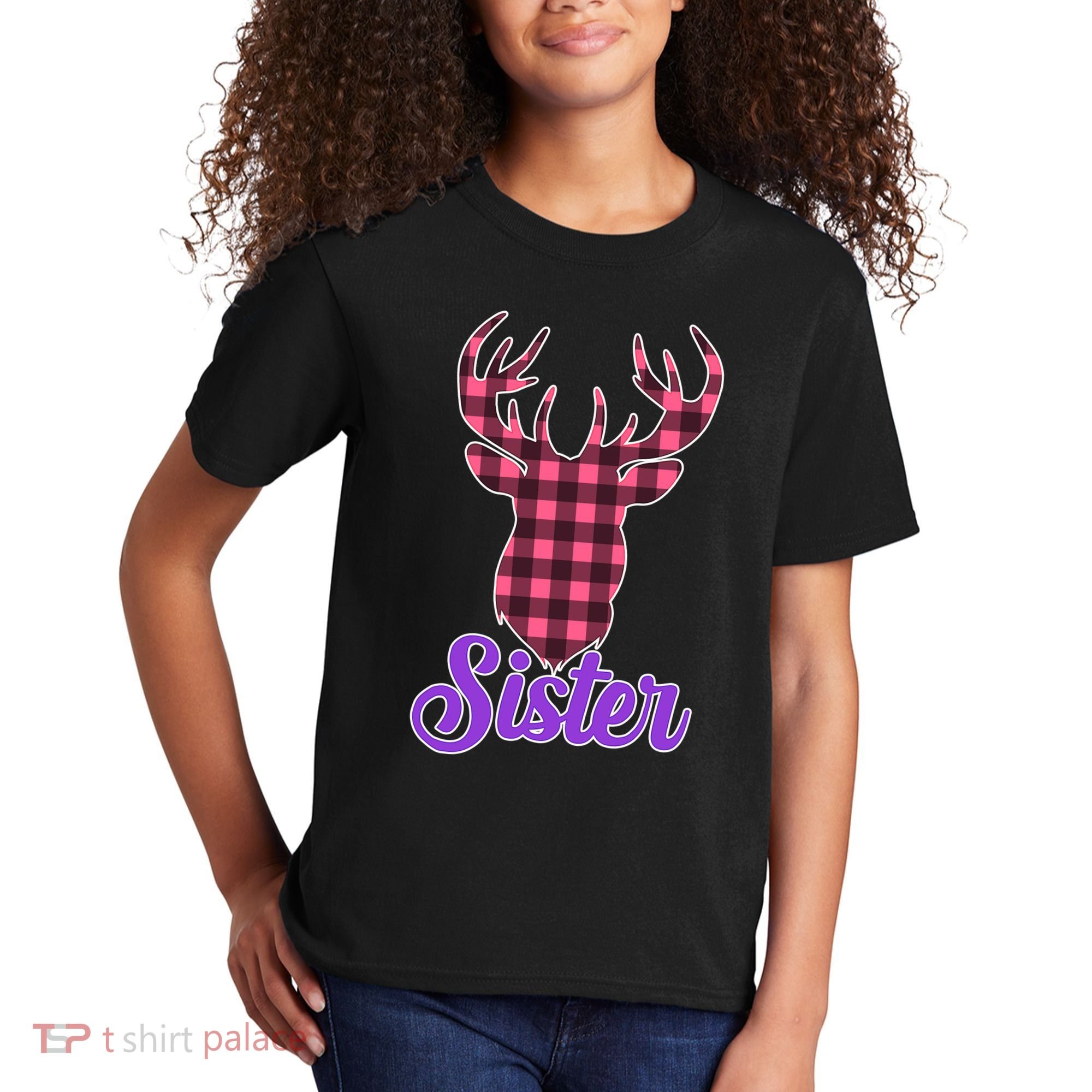 Matching Holiday Family Plaid Reindeer Sister Kids T-Shirt