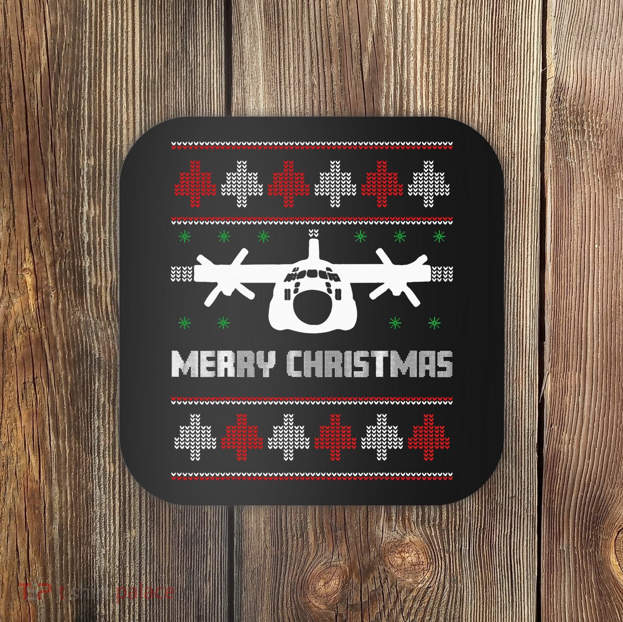 Military Airplane Ugly Christmas Sweater Army Veteran Xmas Coaster