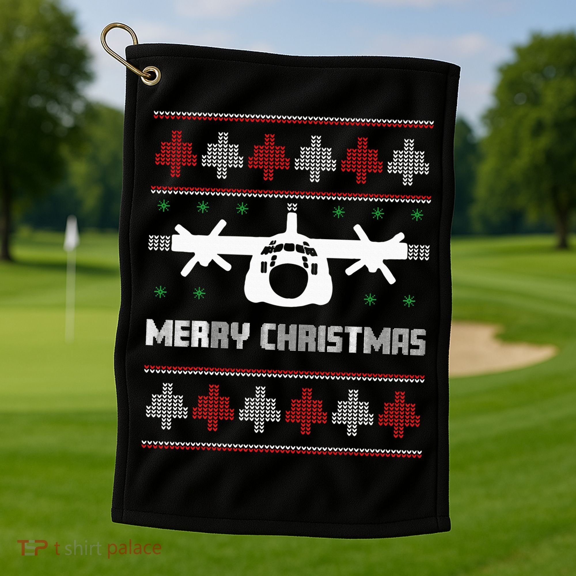 Military Airplane Ugly Christmas Sweater Army Veteran Xmas Golf Towel