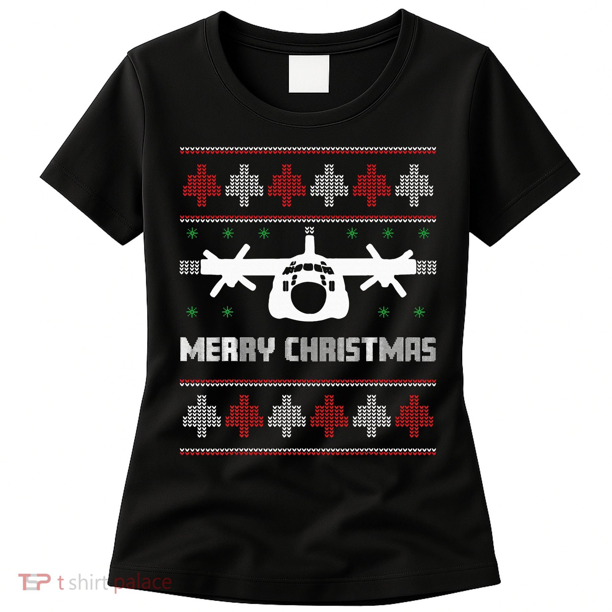 Military Airplane Ugly Christmas Sweater Army Veteran Xmas Women's T-Shirt