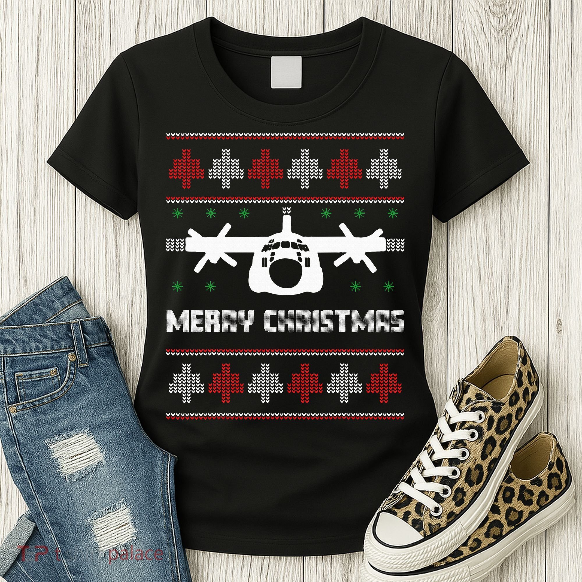 Military Airplane Ugly Christmas Sweater Army Veteran Xmas Women's T-Shirt
