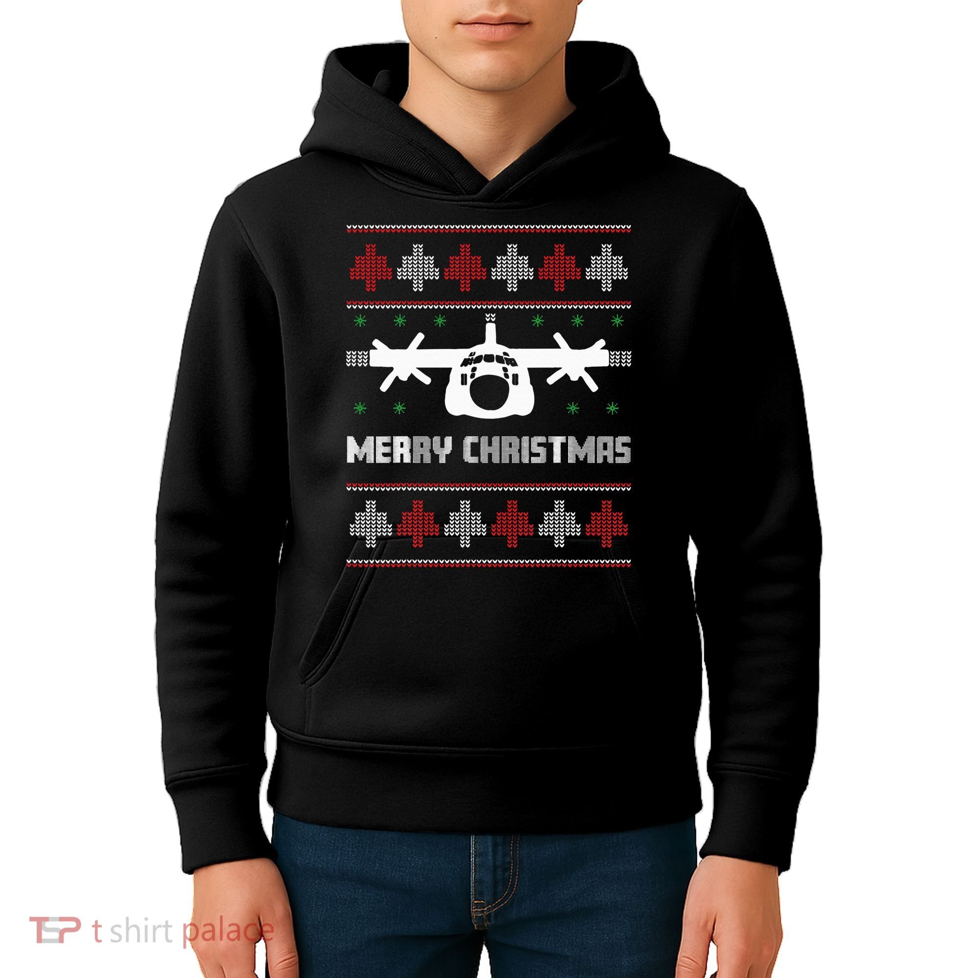 Military Airplane Ugly Christmas Sweater Army Veteran Xmas Kids Hoodie