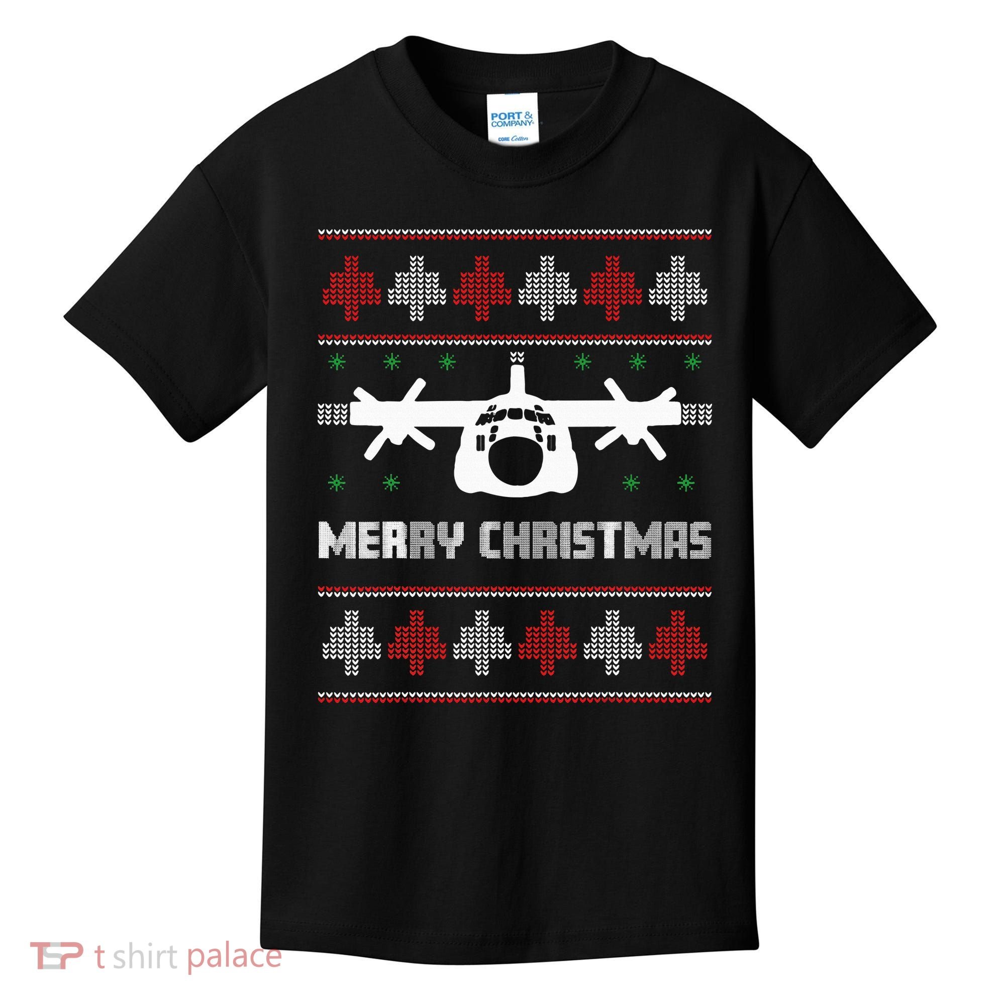 Military Airplane Ugly Christmas Sweater Army Veteran Xmas Kids T-Shirt