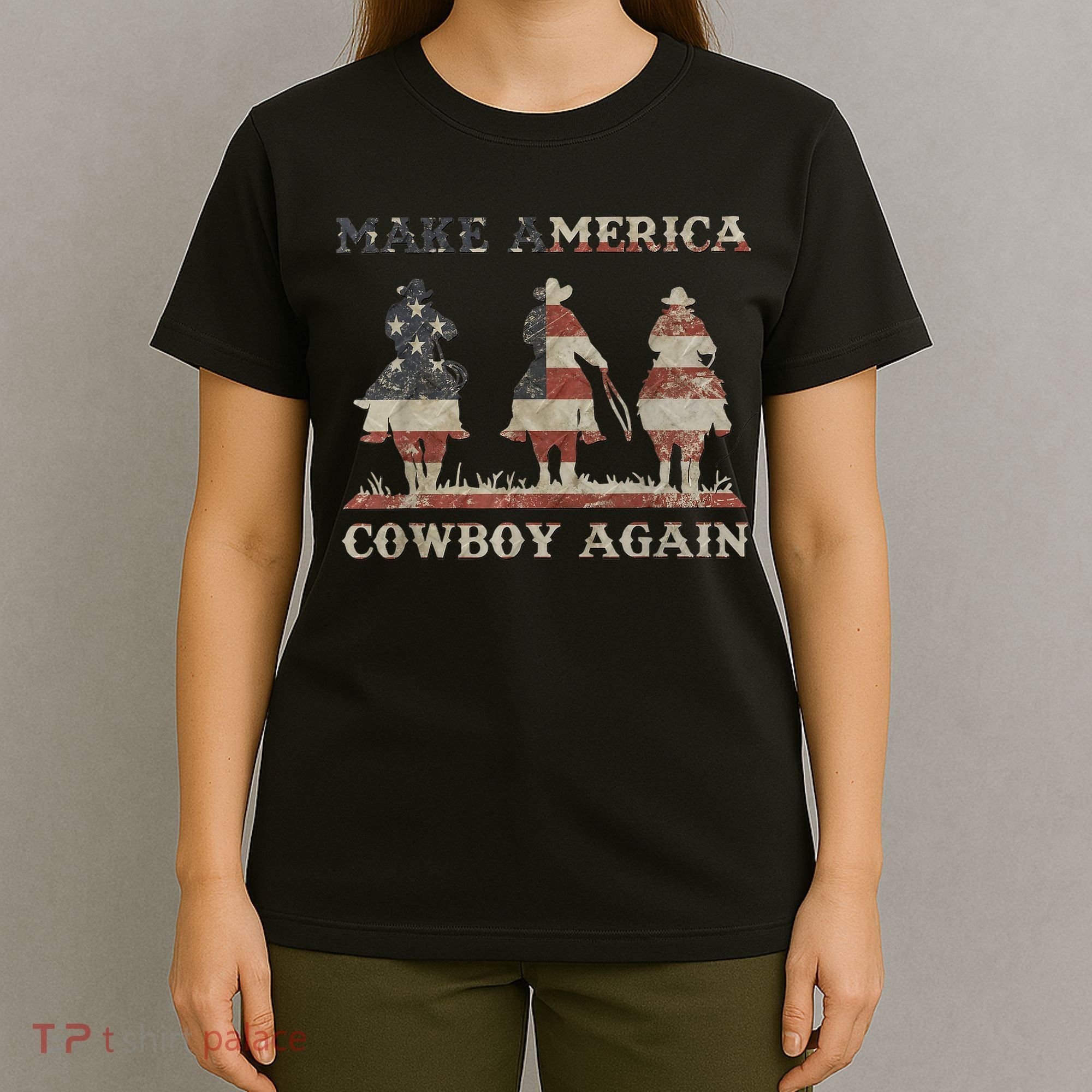 Make America Western Cowboy Again Retro 4th Of July Usa Flag T-Shirt