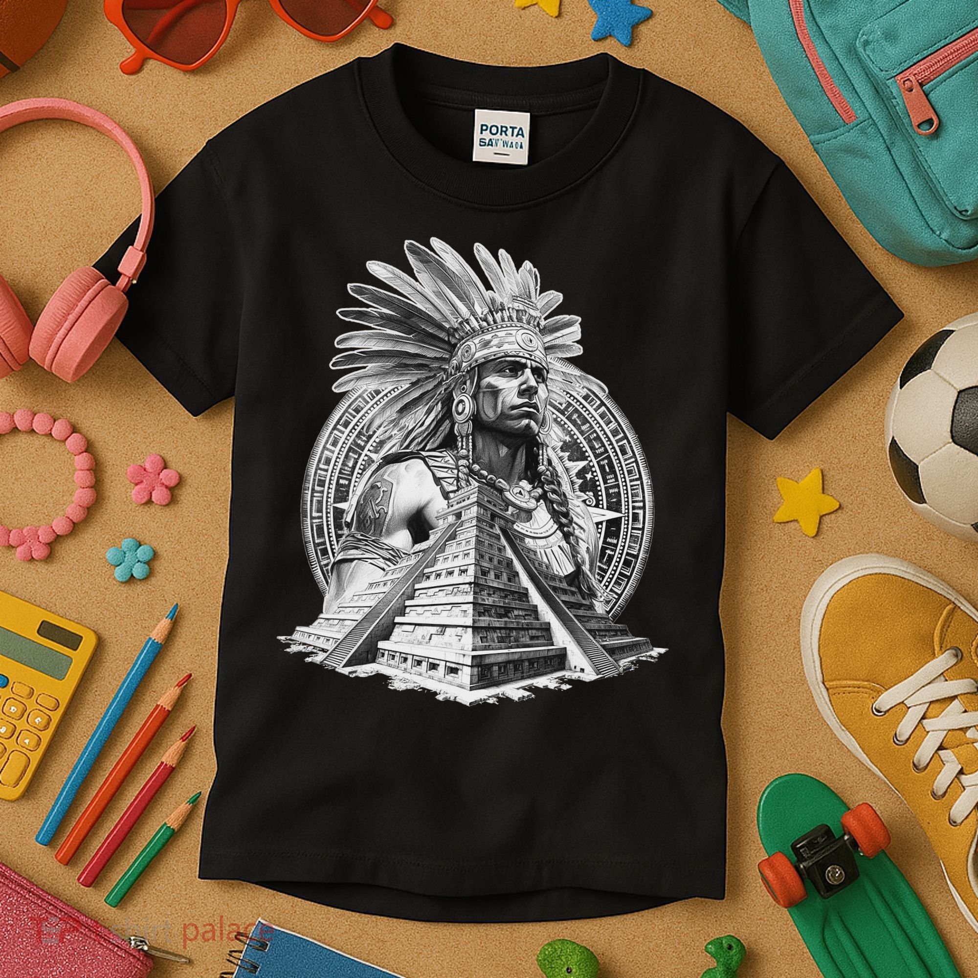 Mexican Aztec Warrior Calendar Mexico Mayan Maya Azteca Kids T-Shirt
