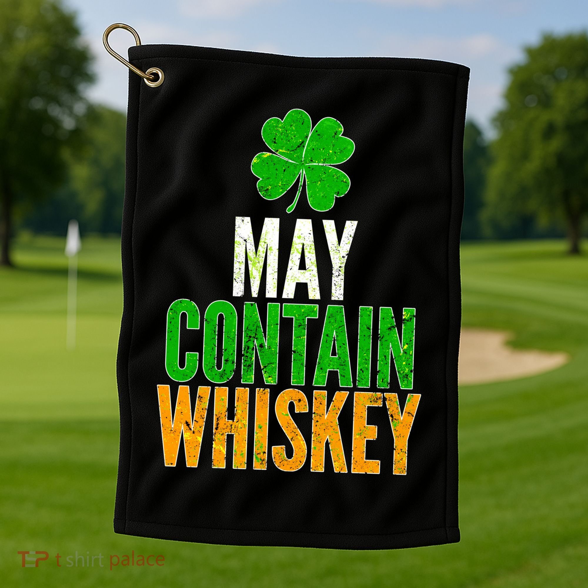 May Contain Whiskey Funny St Patricks Day Golf Towel