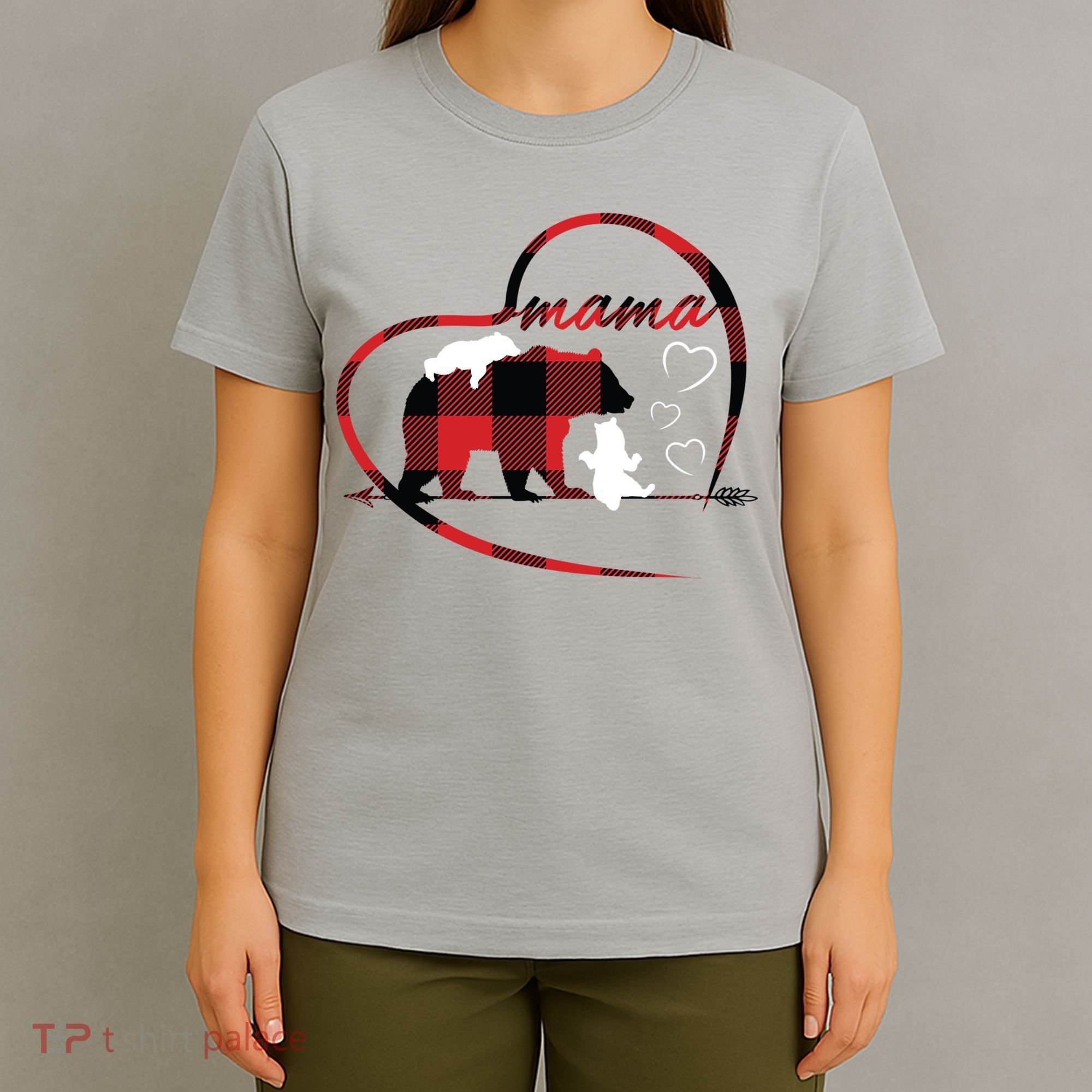Mama Bear 2 Cubs Red Buffalo Plaid Heart Mother Mom Gifts  T-Shirt