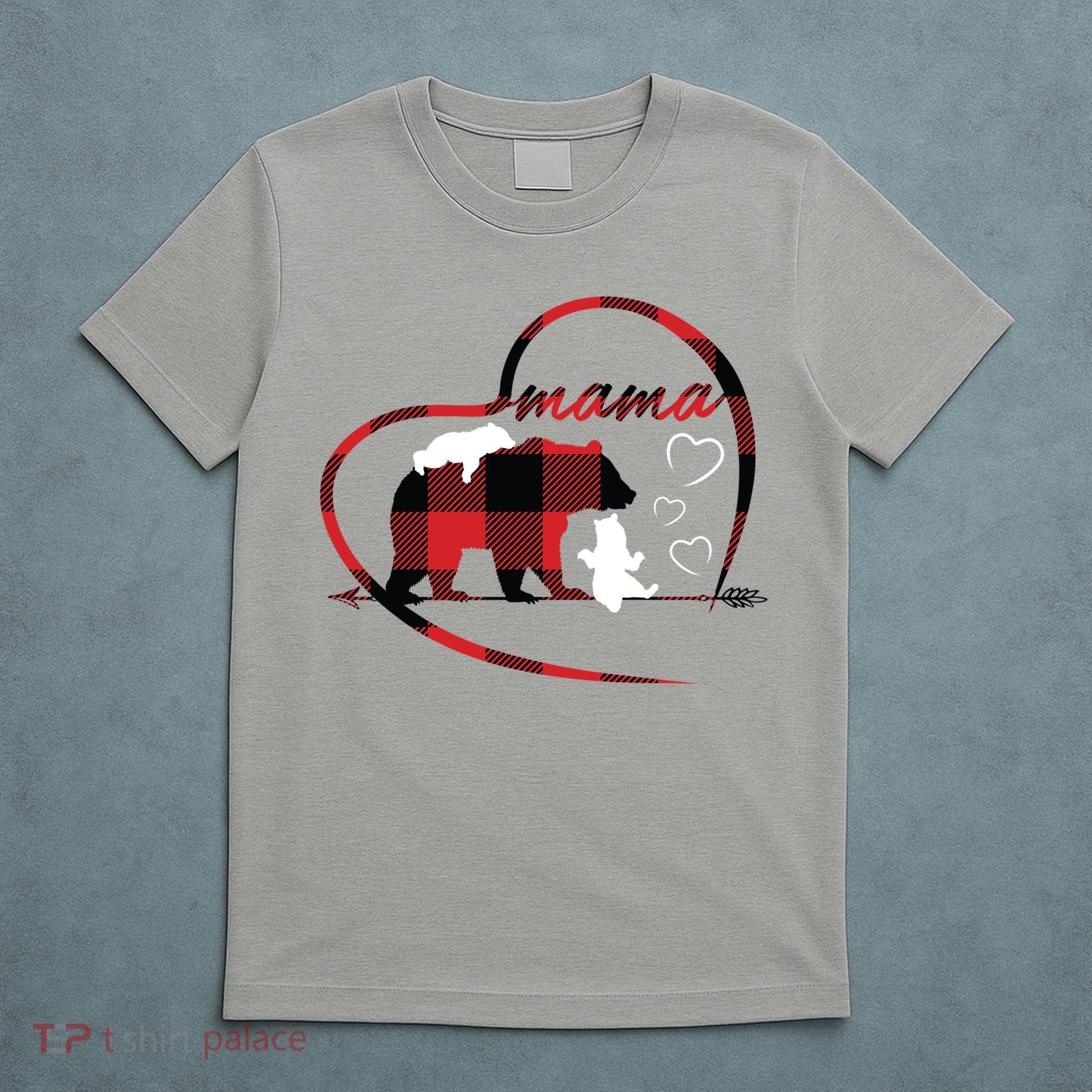 Mama Bear 2 Cubs Red Buffalo Plaid Heart Mother Mom Gifts  T-Shirt