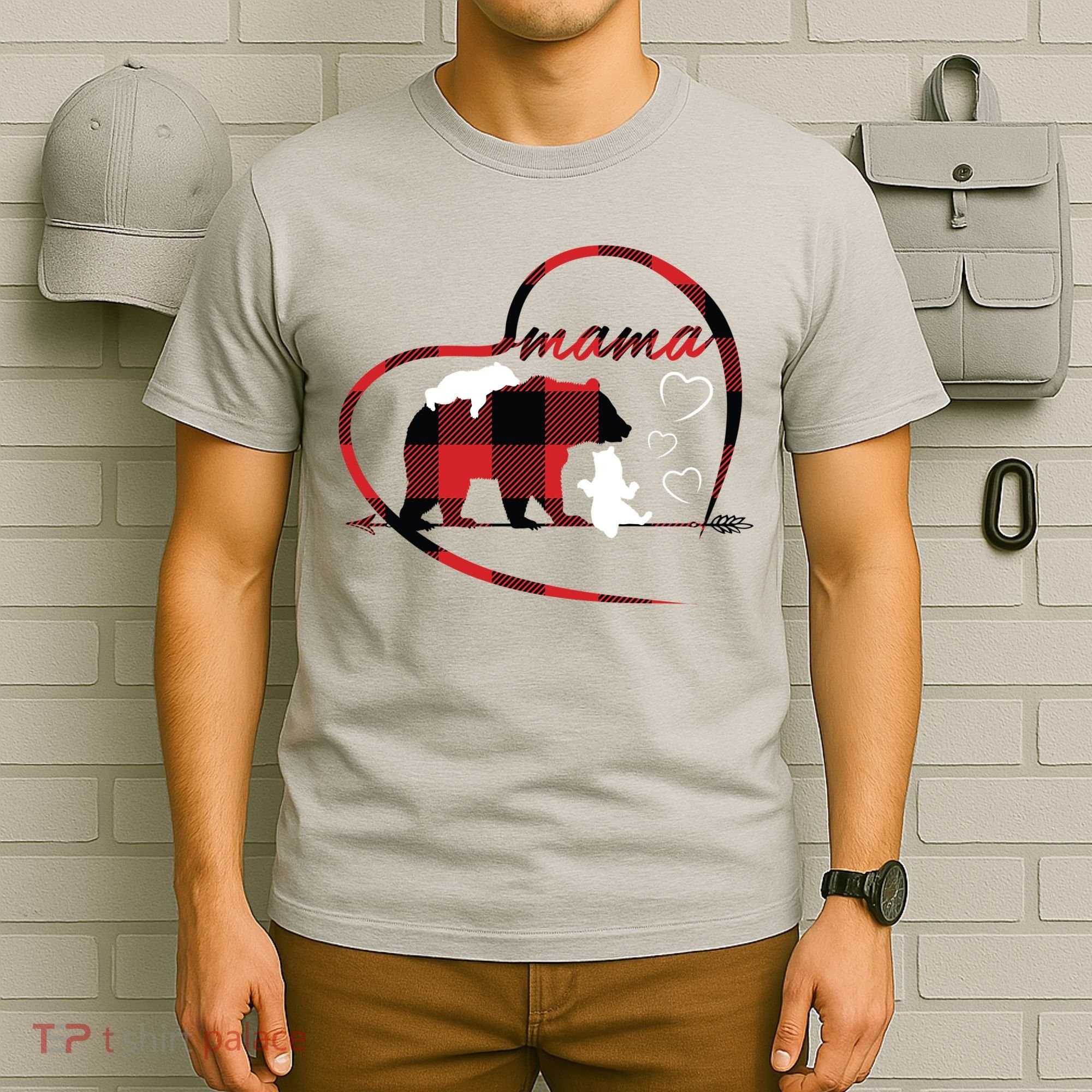 Mama Bear 2 Cubs Red Buffalo Plaid Heart Mother Mom Gifts  T-Shirt