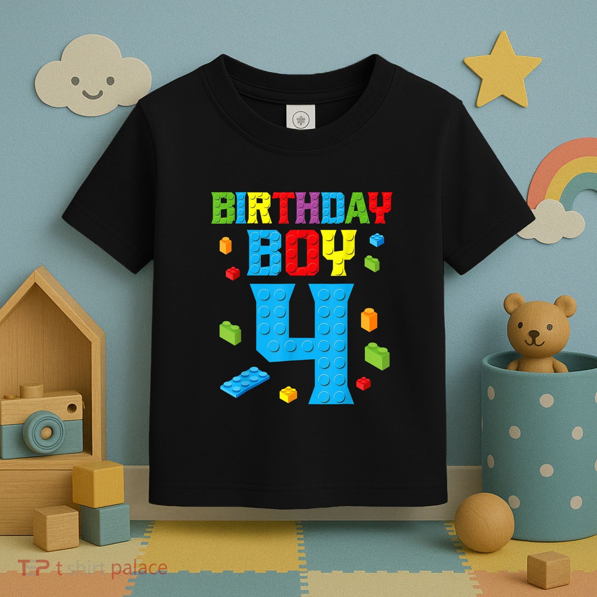 Master Builder 4th Birthday Boy 4 Four Year Building Bricks Toddler T-Shirt