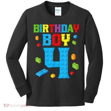 Master Builder 4th Birthday Boy 4 Four Year Building Bricks Kids Long Sleeve Shirt