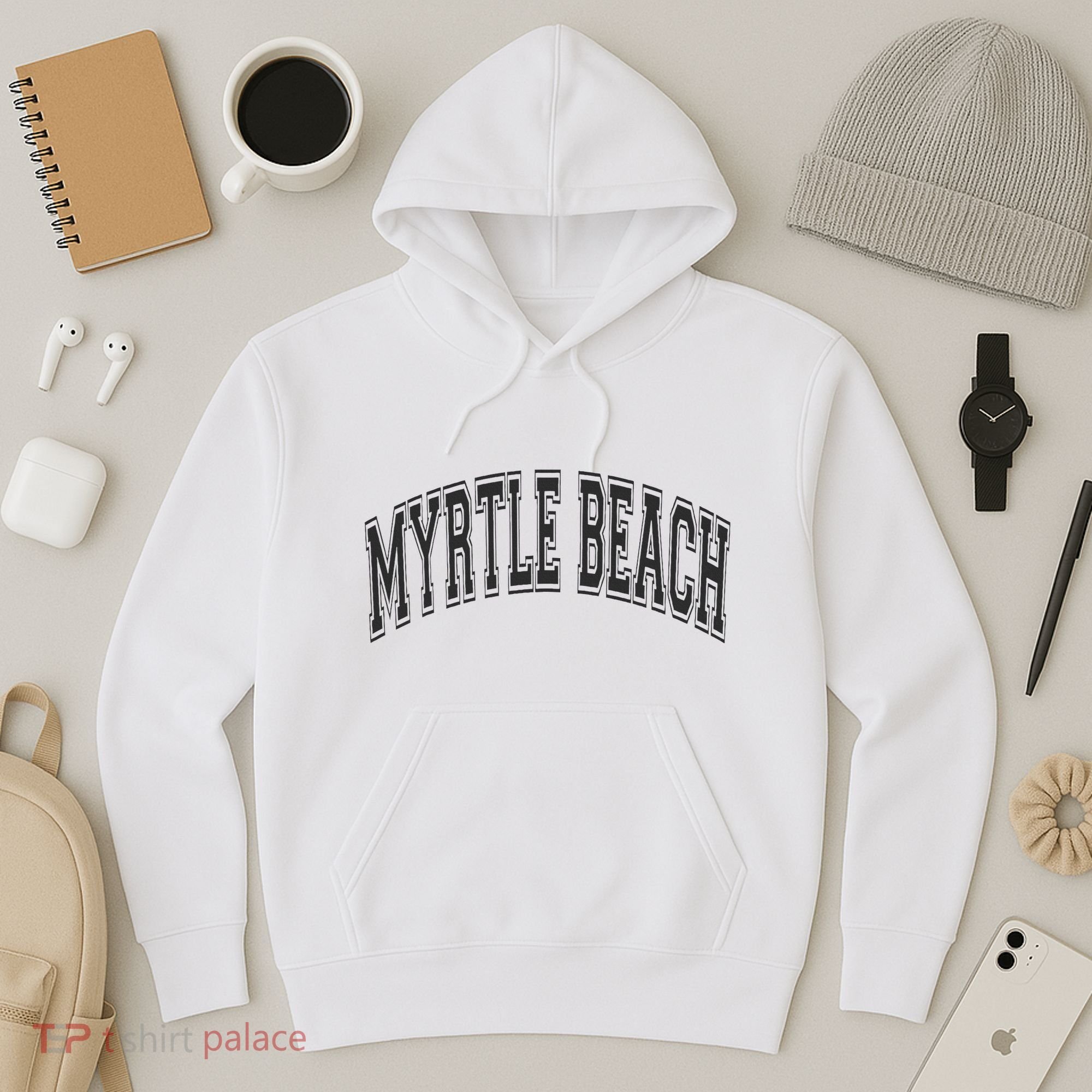 Myrtle Beach Arched Style Text Black With Black Print Hoodie